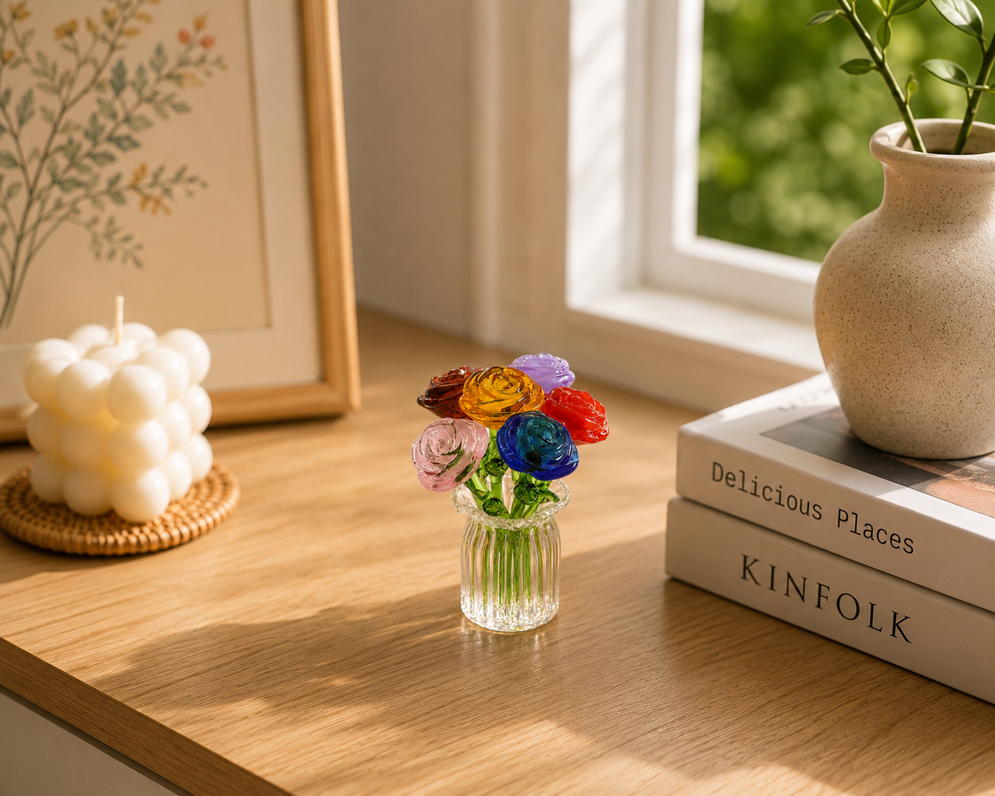Miniatur Glasblumen Set - Mundgeblasene Blüten mit Vase, ewig schön