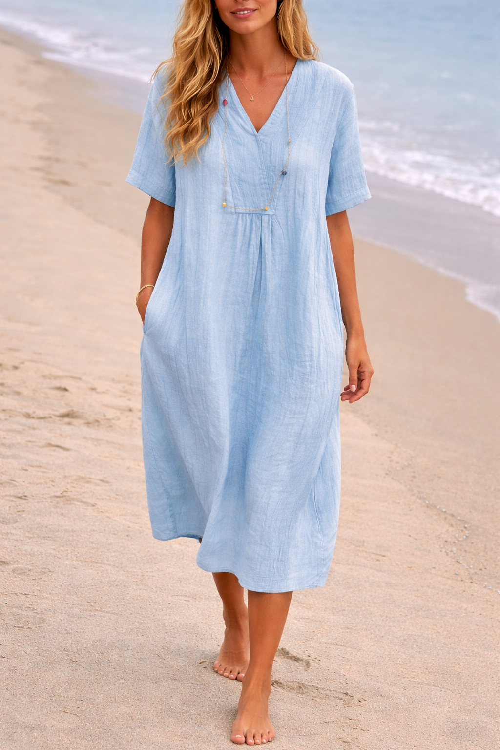 Damen Leinen Midikleid - Entspannter Schnitt mit V-Ausschnitt