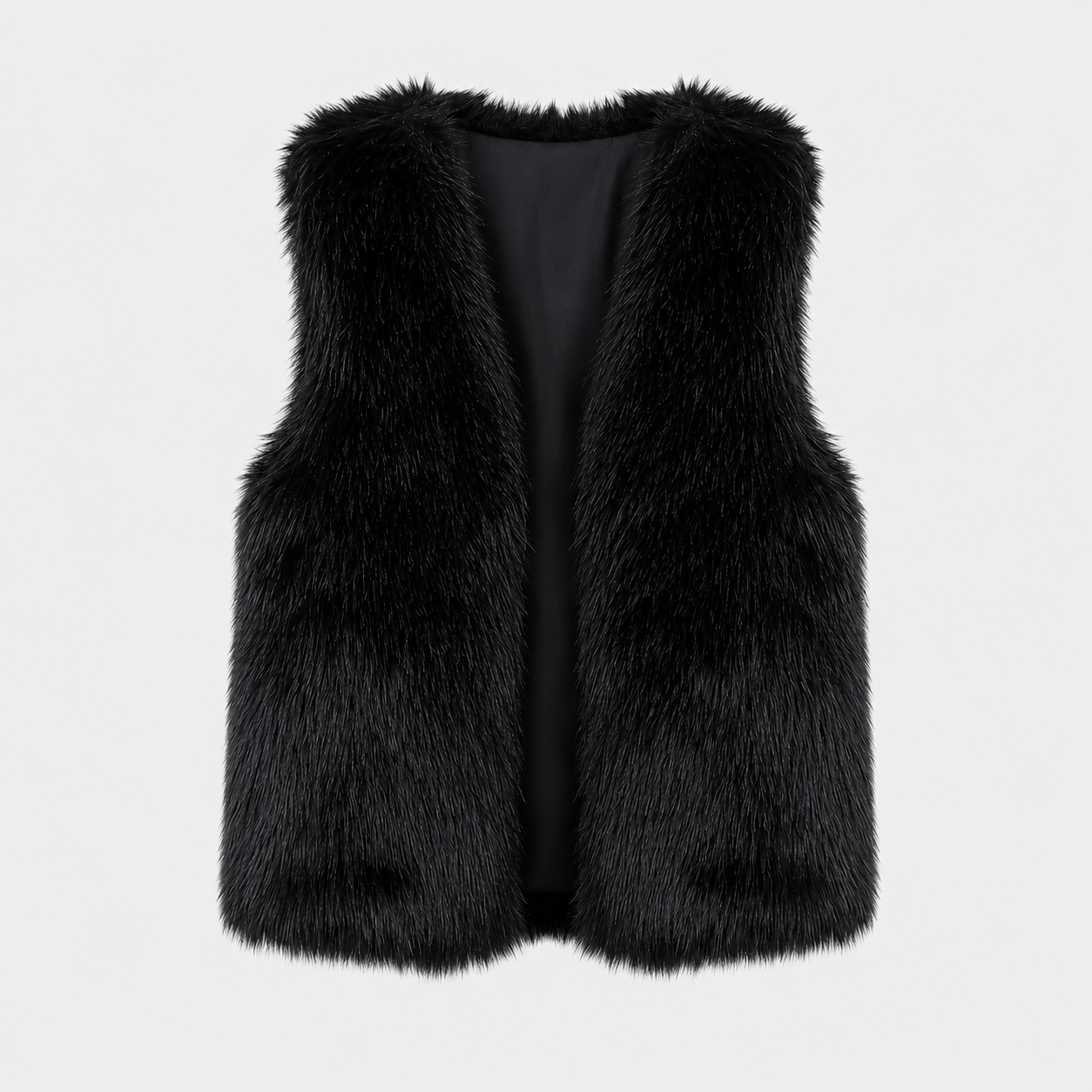 AS - Womens - Top : Dames Nepbont Vest - Open Voorkant, Losse Pasvorm en Warm in Zwart