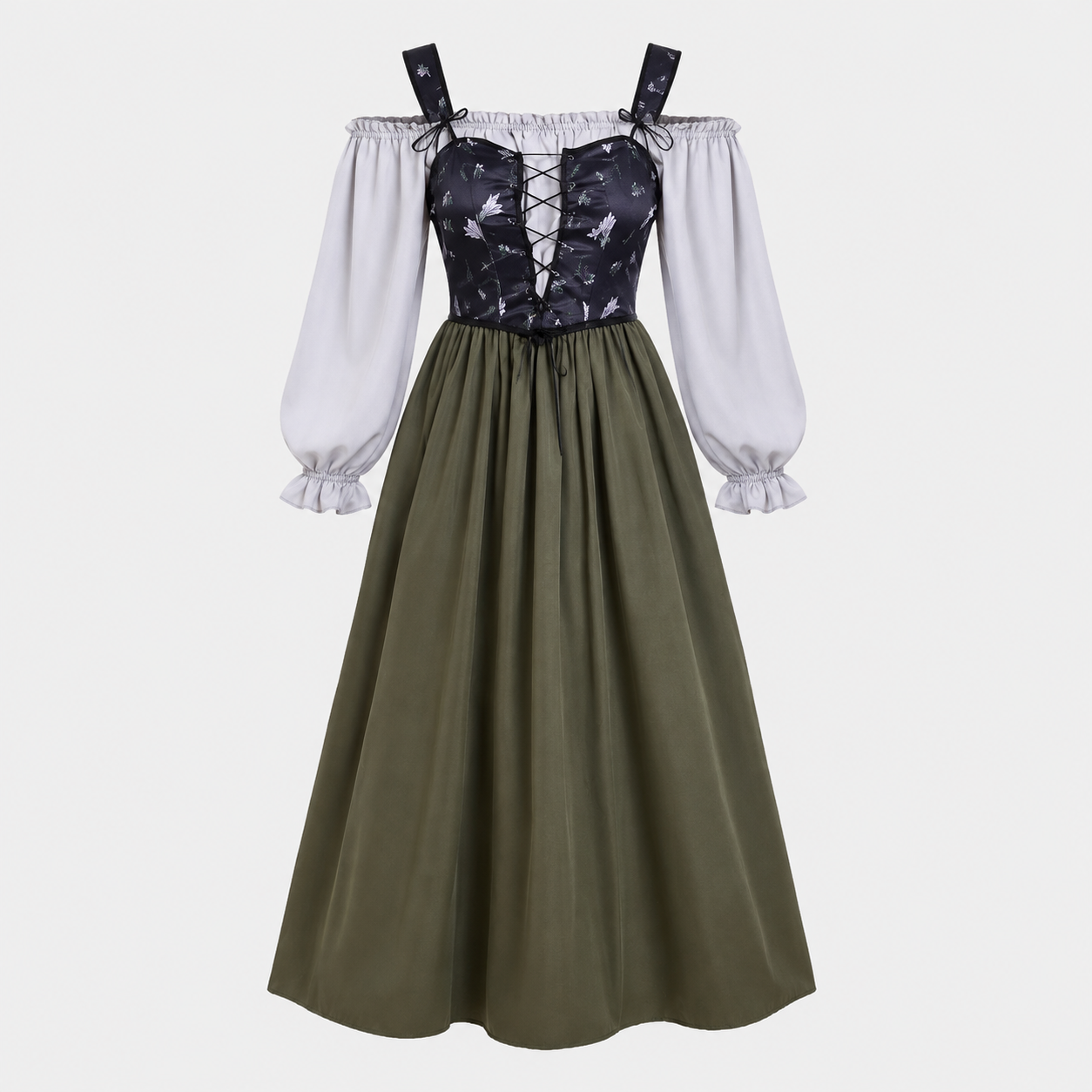 Gifts – Seasonal – Oktoberfest : Trachtenjurk Dames Grijs - Romantische Stijl, Pofmouwen in Grijs