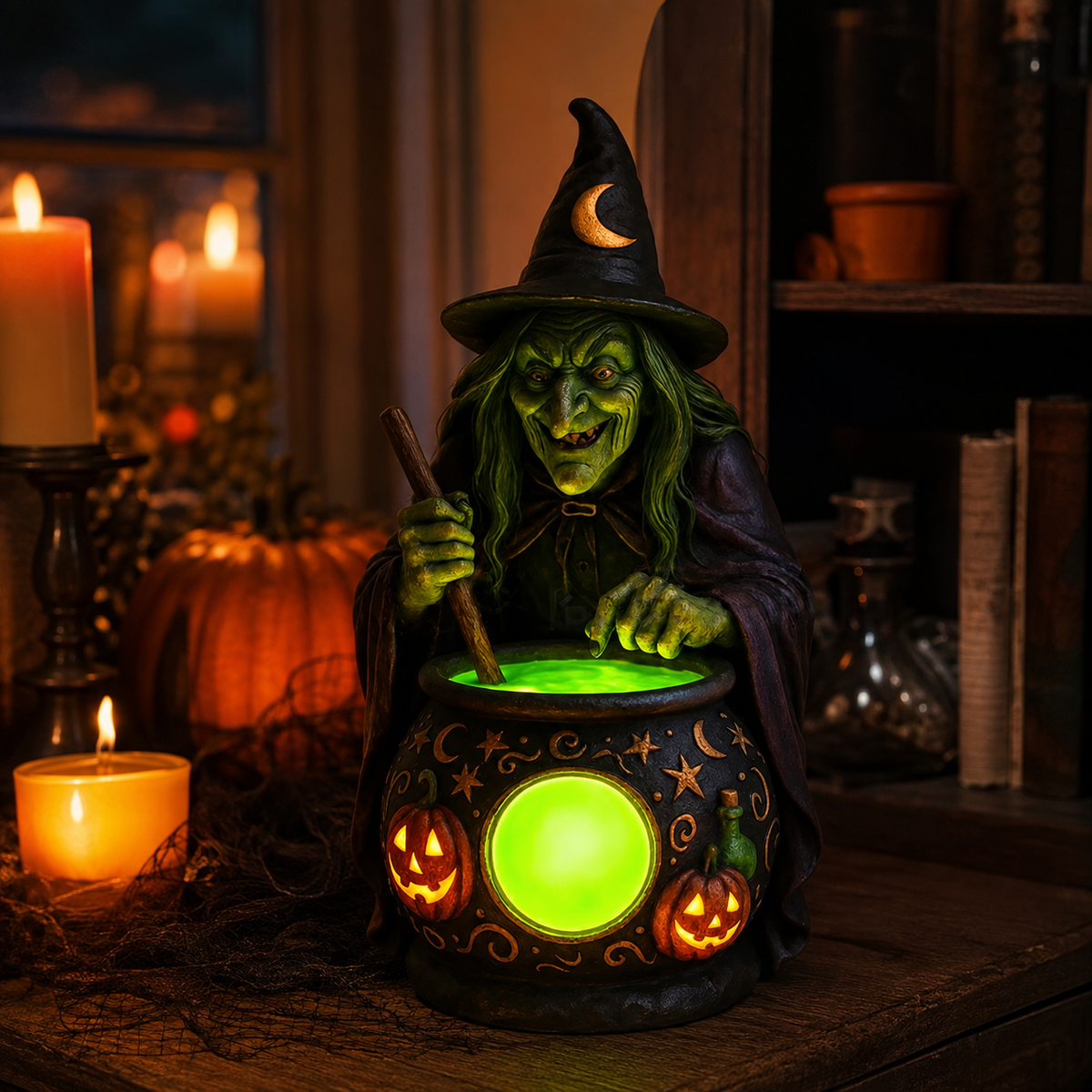 Hexenkessel Harz-Tischlampe mit Neongrüner LED