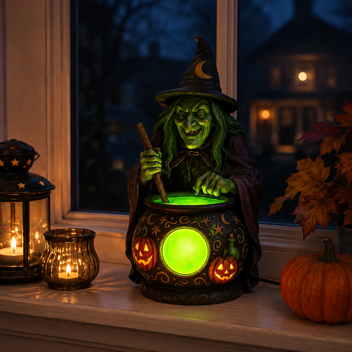 Hexenkessel Harz-Tischlampe mit Neongrüner LED
