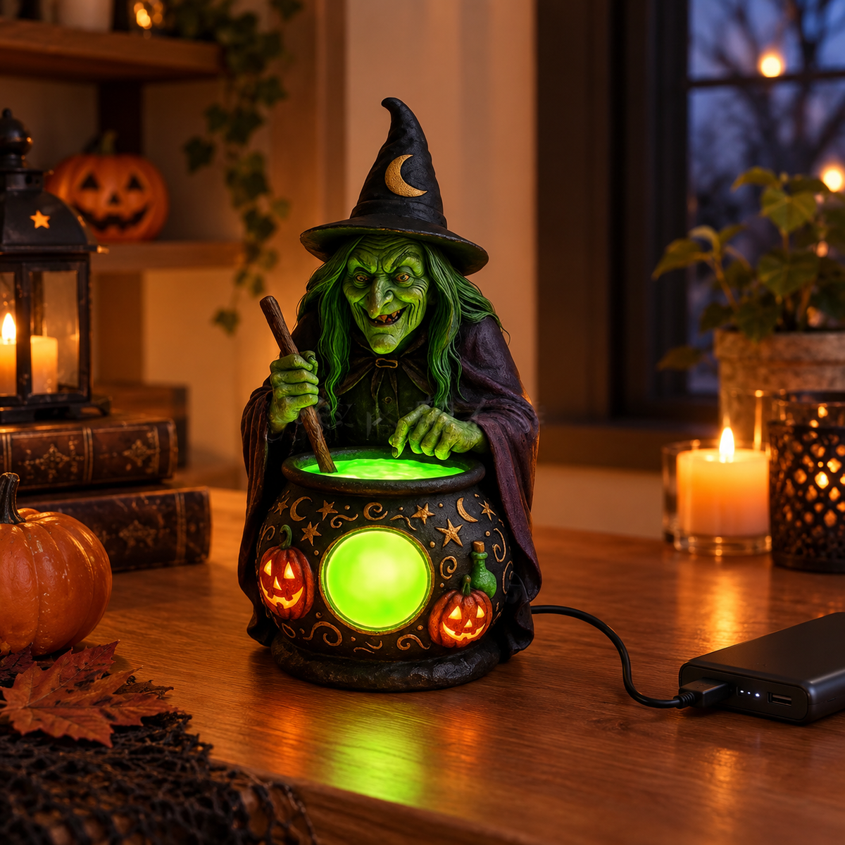 Hexenkessel Harz-Tischlampe mit Neongrüner LED