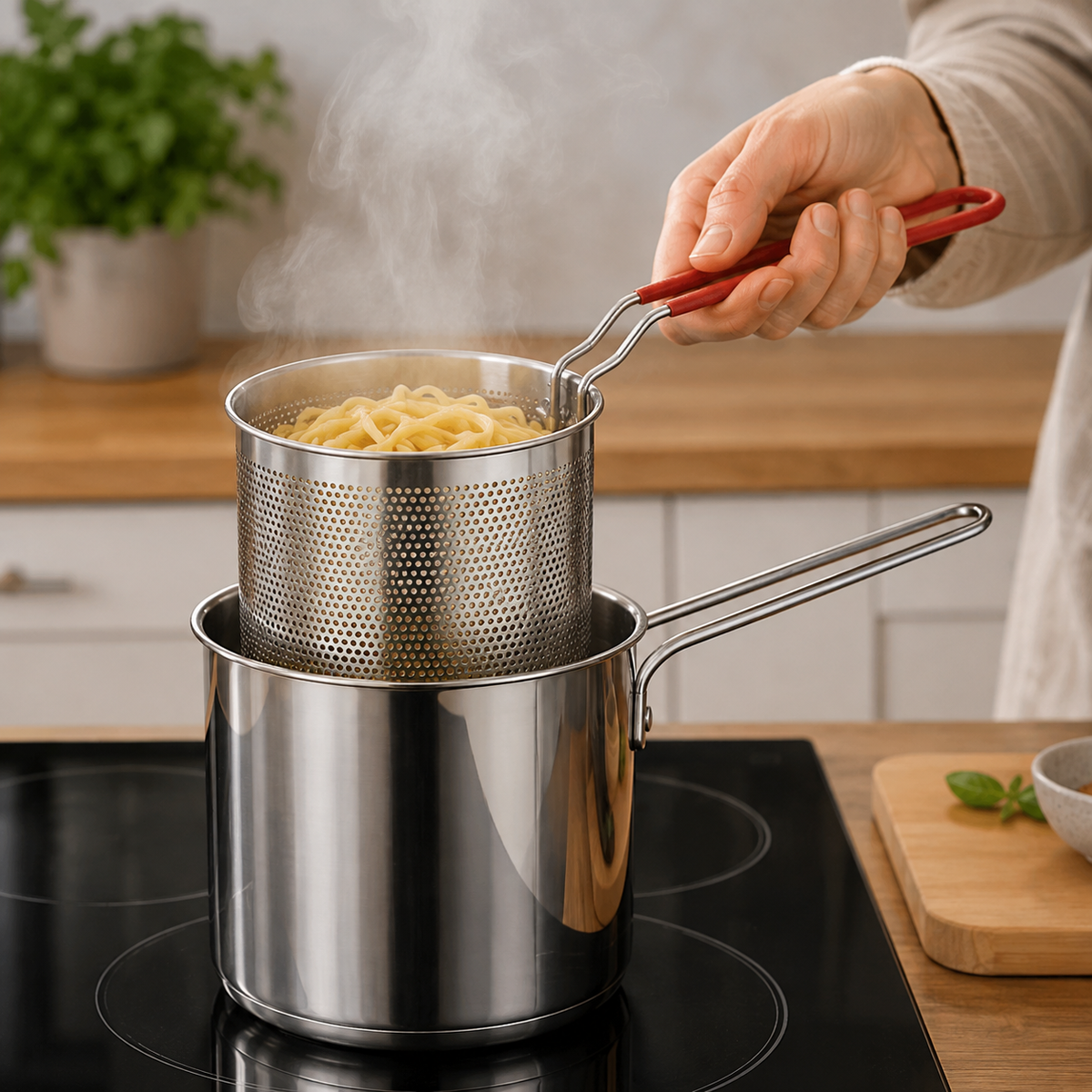 Hrnec na smažení 1200ml se sítkem - Kompaktní fritéza z nerezové oceli