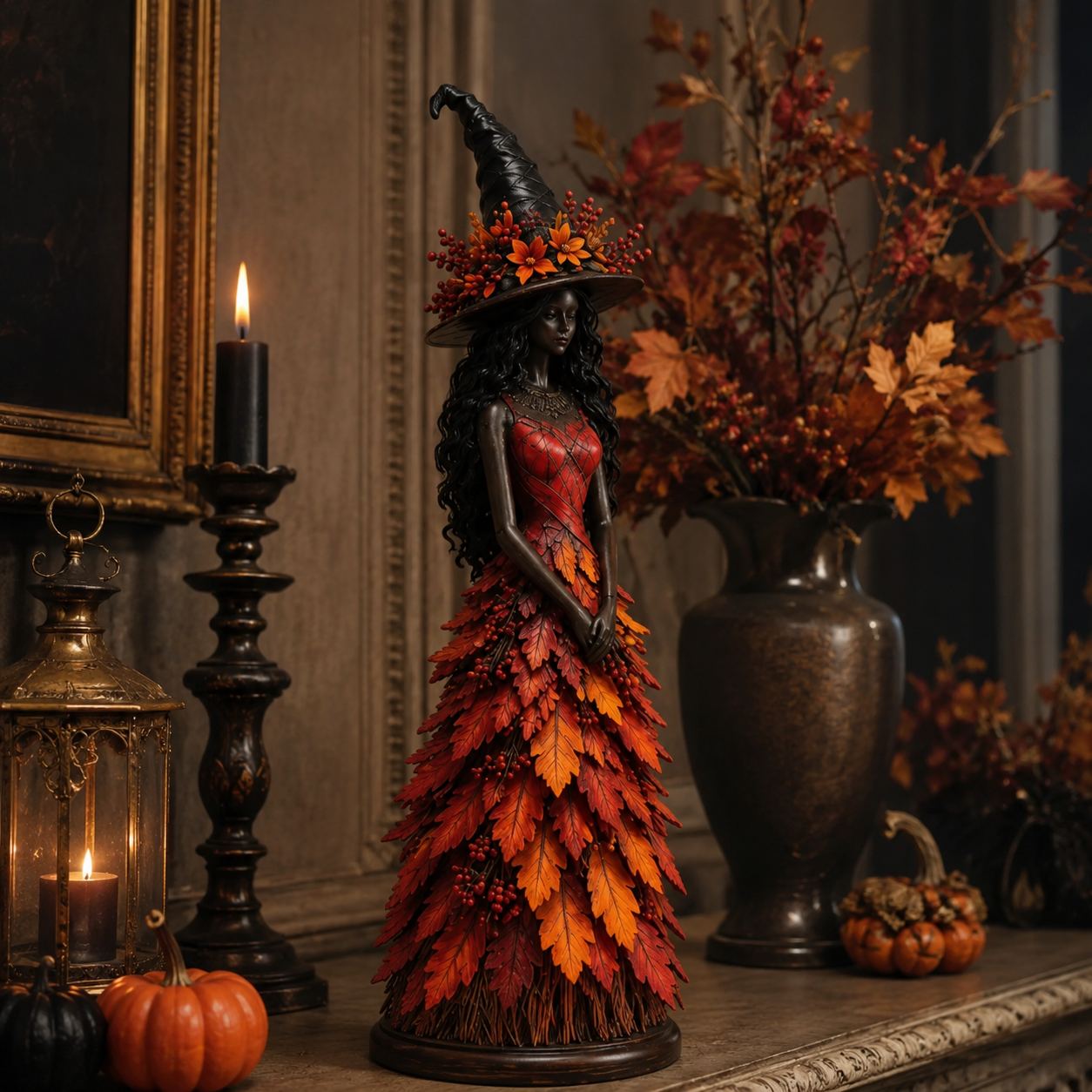 Hexenfigur Halloween Dekoration mit Herbstblättern - 12,2/18/31 cm