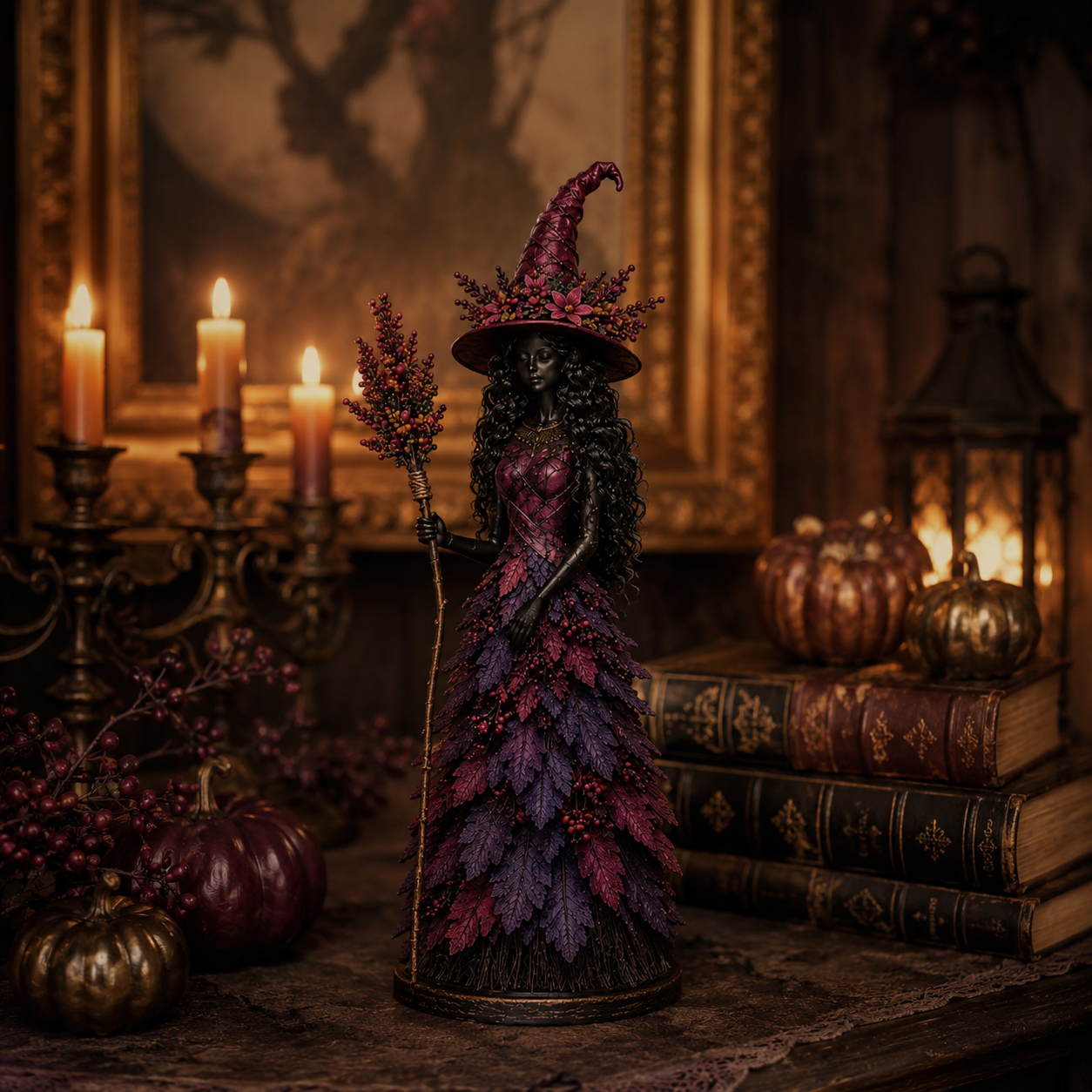Hexenfigur Halloween Dekoration mit Herbstblättern - 12,2/18/31 cm