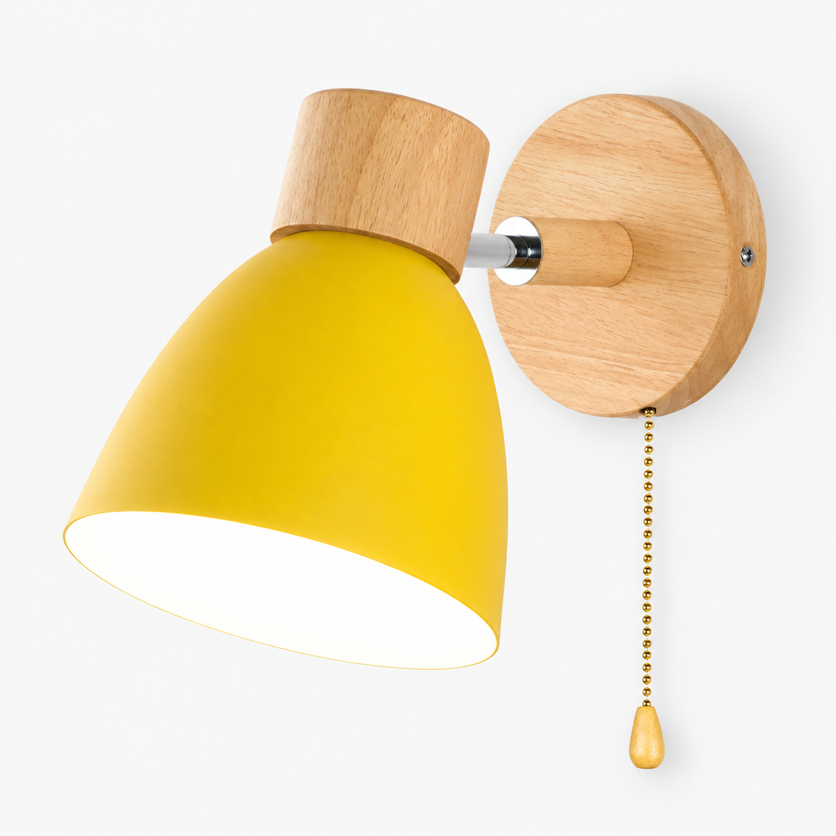 Moderne Wandleuchte mit angewinkeltem Arm, Holz, konischem Schirm