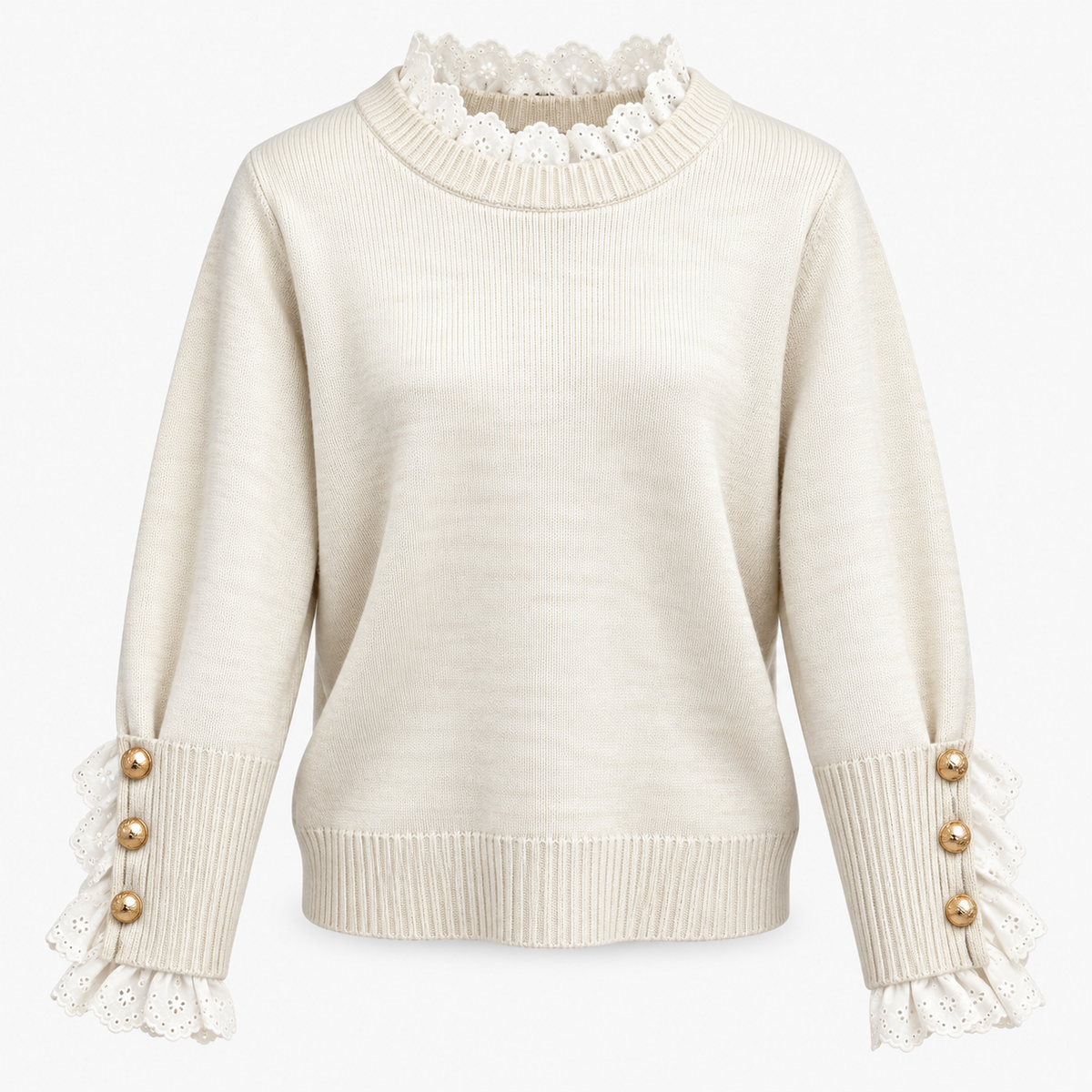 Maglione lavorato a maglia elegante da donna con scollo a coste ondulate alla moda