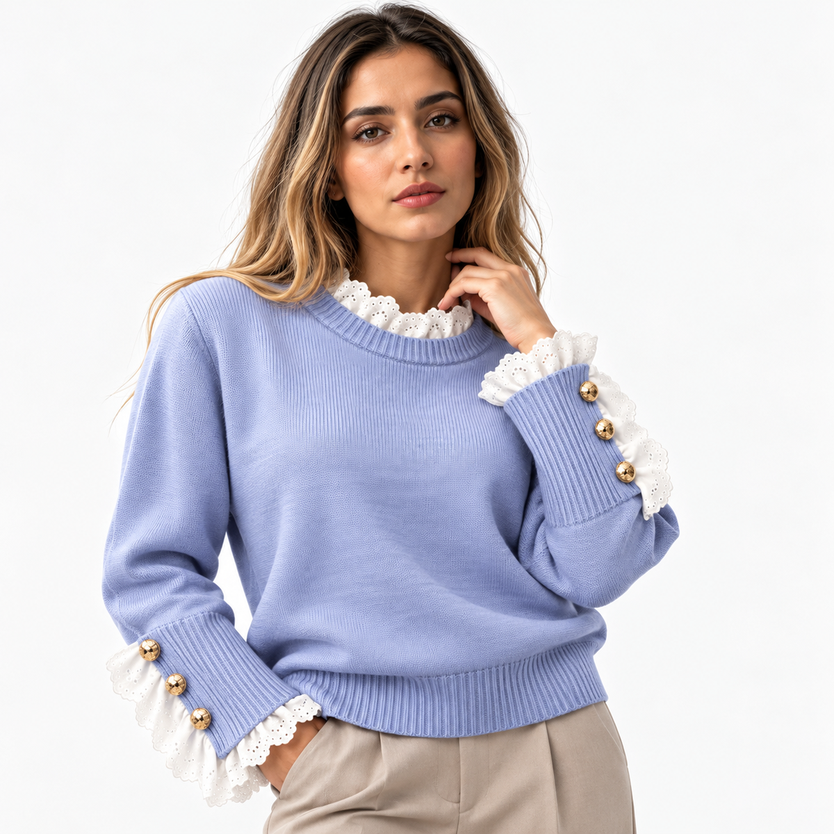 Maglione lavorato a maglia elegante da donna con scollo a coste ondulate alla moda