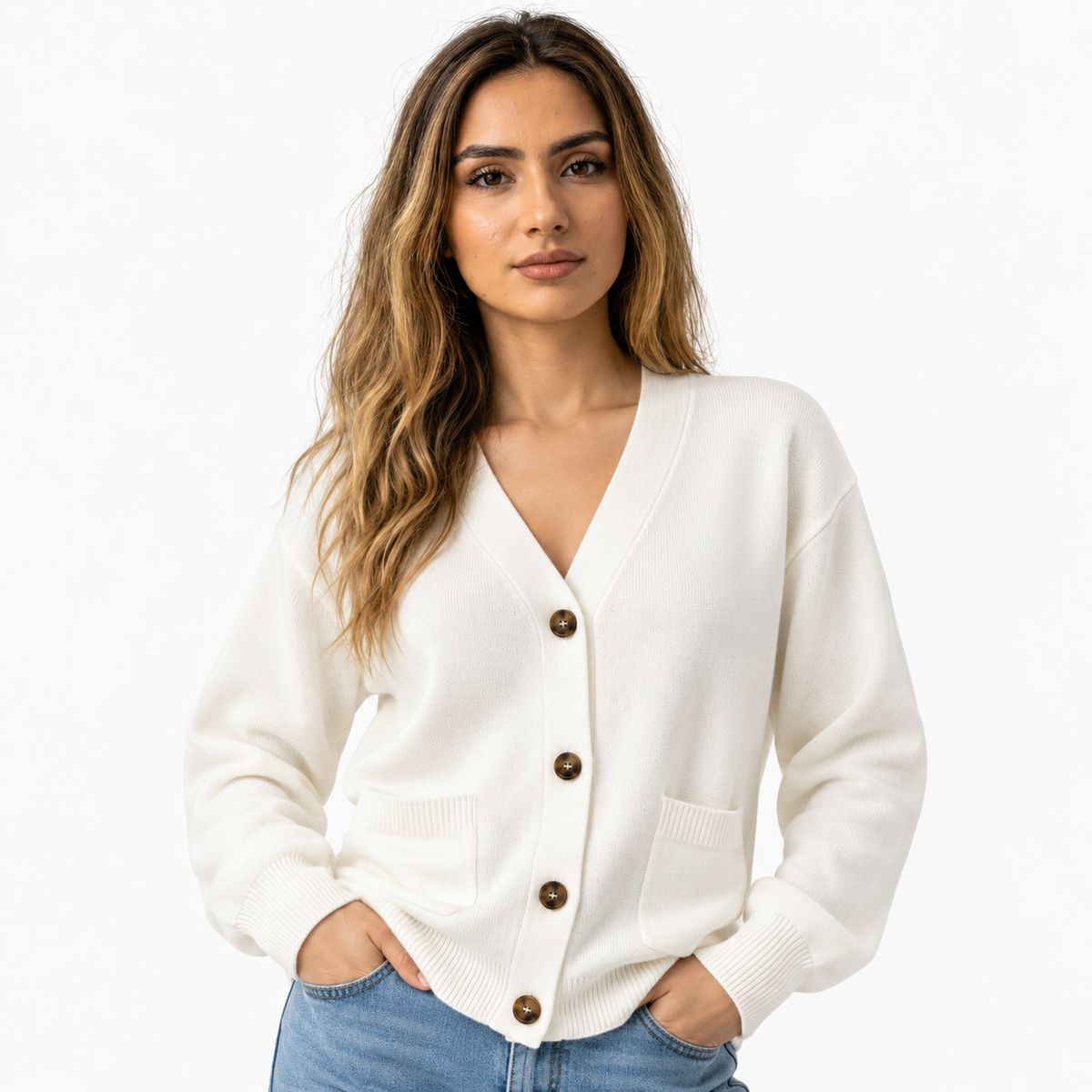 Damen Cardigan mit V-Ausschnitt und langen Ärmeln