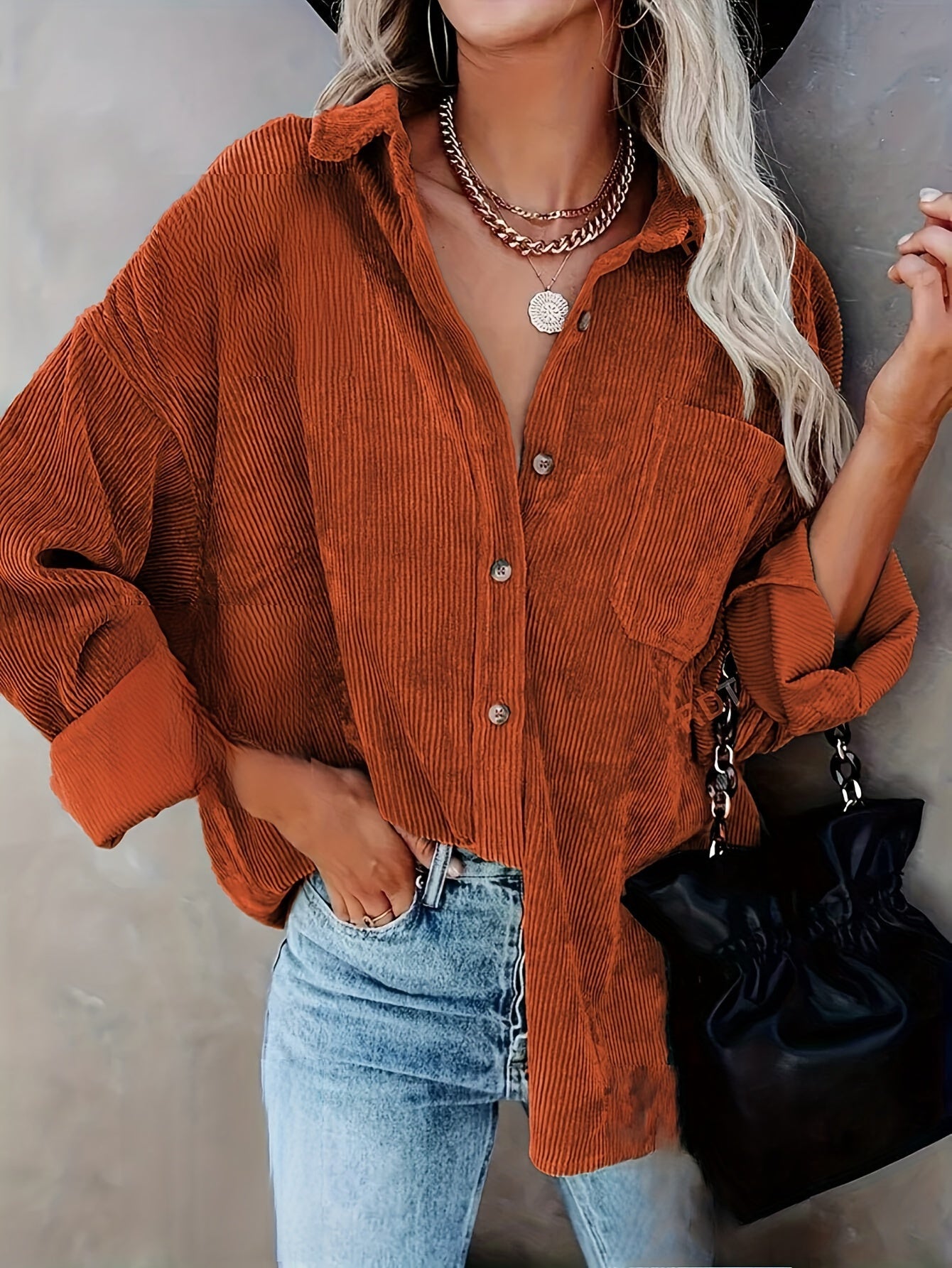 Damen Cord Overshirt mit Knopfleiste 2
