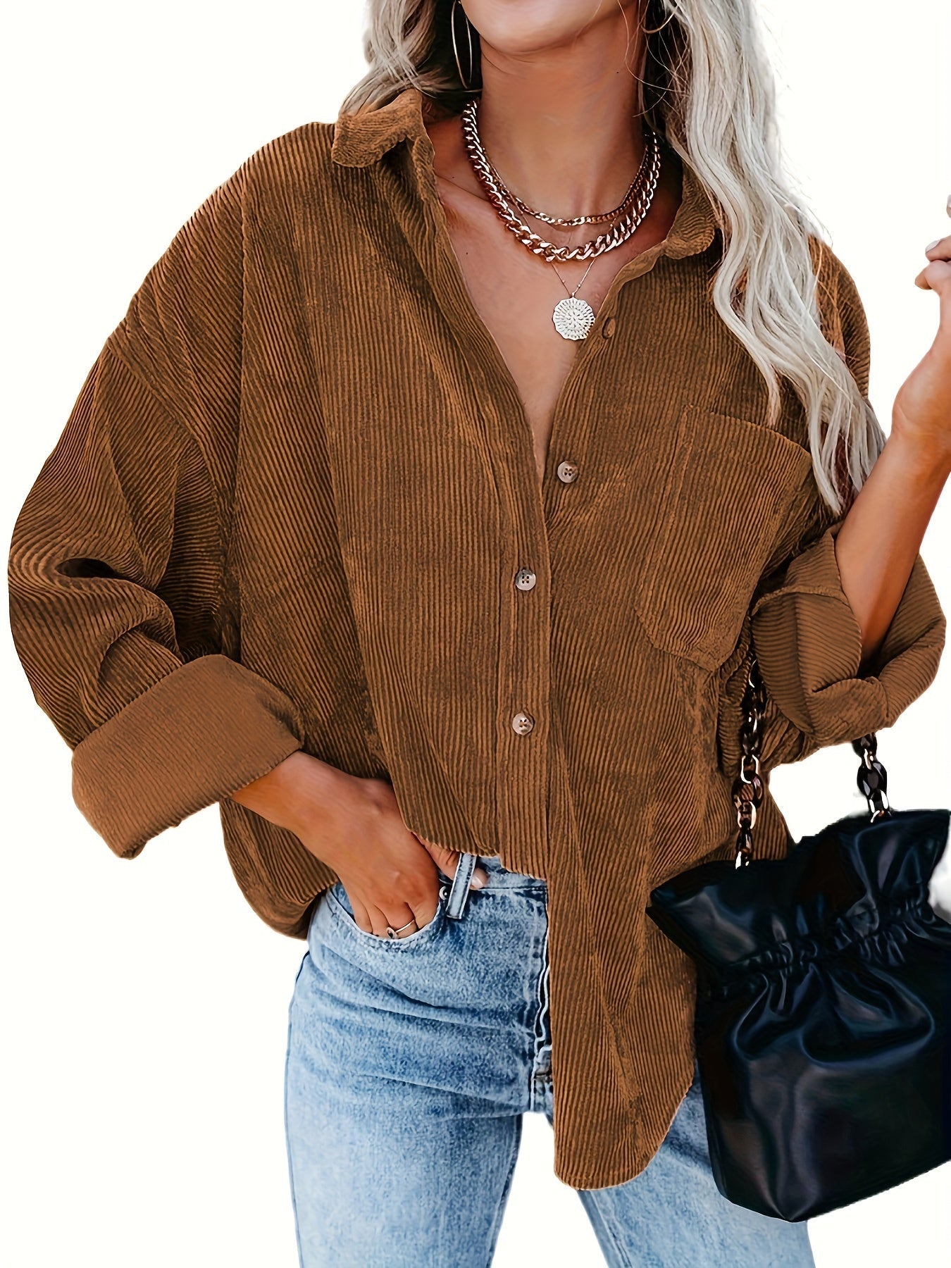 Damen Cord Overshirt mit Knopfleiste 4