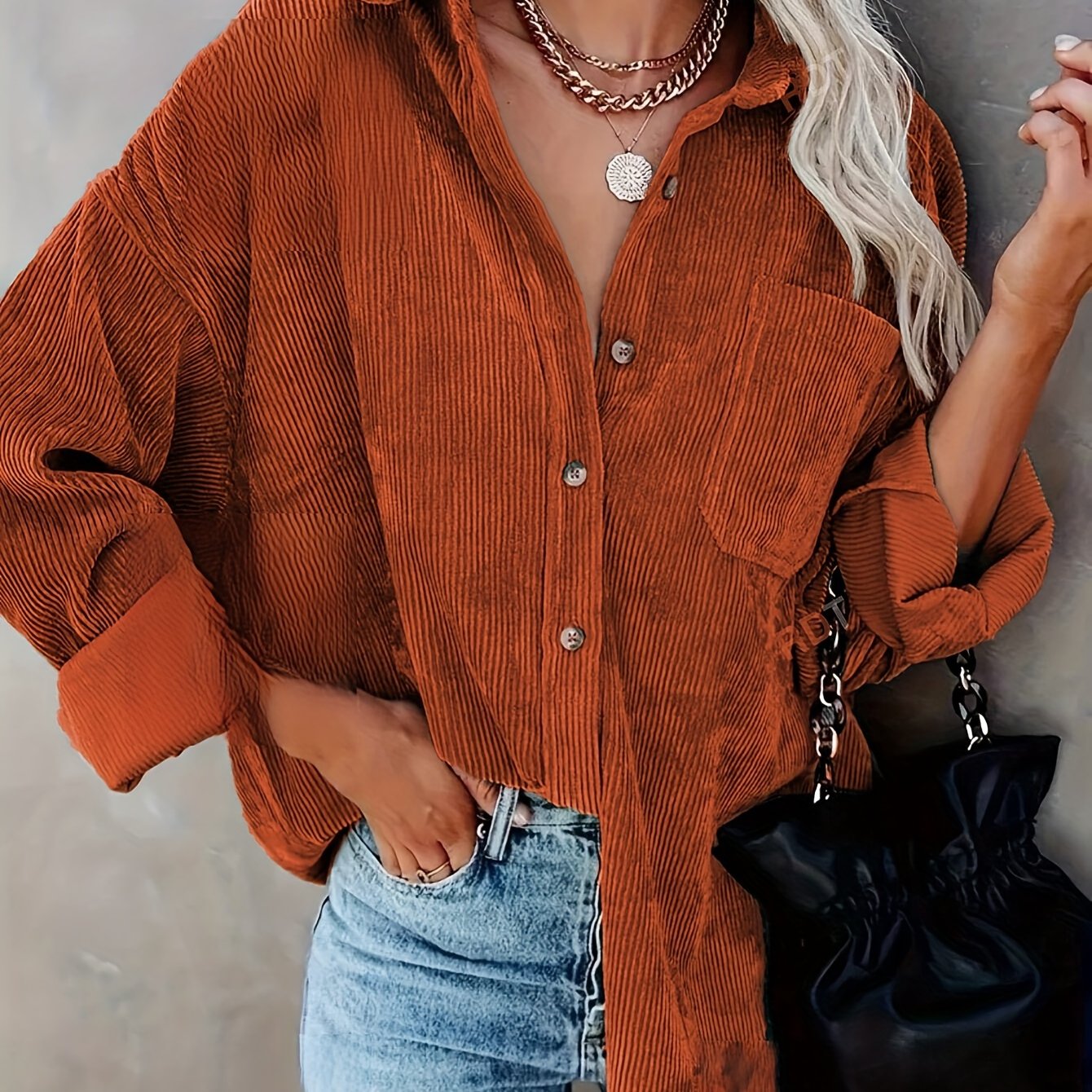 Damen Cord Overshirt mit Knopfleiste 9