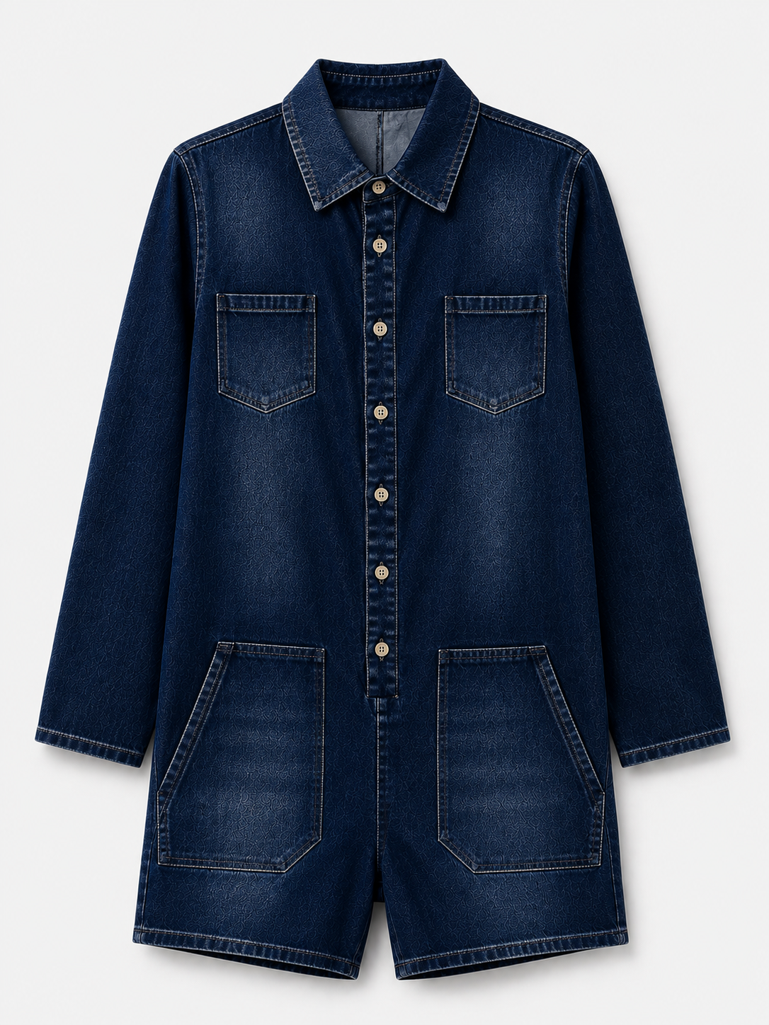 Damen Jumpsuit in Denim-Optik mit Langarm, Shorts und Taschen