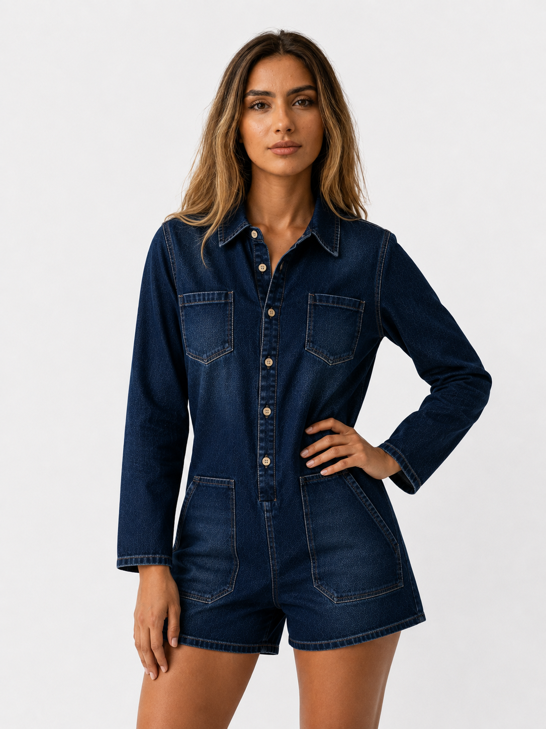 Damen Jumpsuit in Denim-Optik mit Langarm, Shorts und Taschen