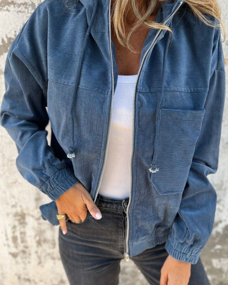 Damen Leichte Corduroy Jacke mit Kapuze 2