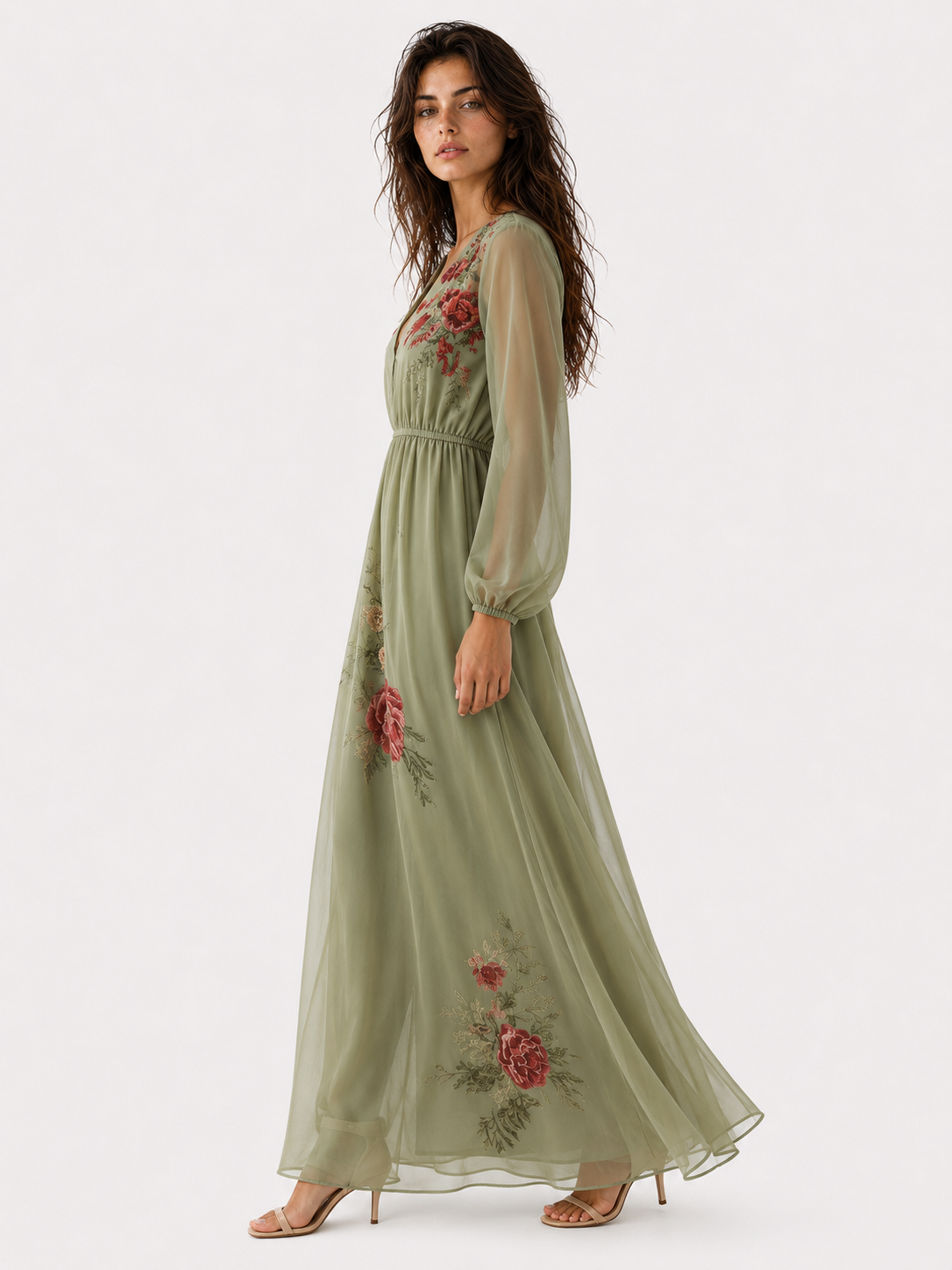 Damen Maxikleid aus Polyester mit V-Ausschnitt und Blumenstickerei