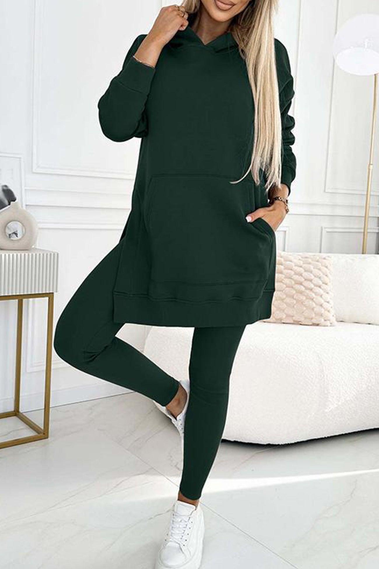 Damen Midikleid mit Schlitz und Kapuze 11