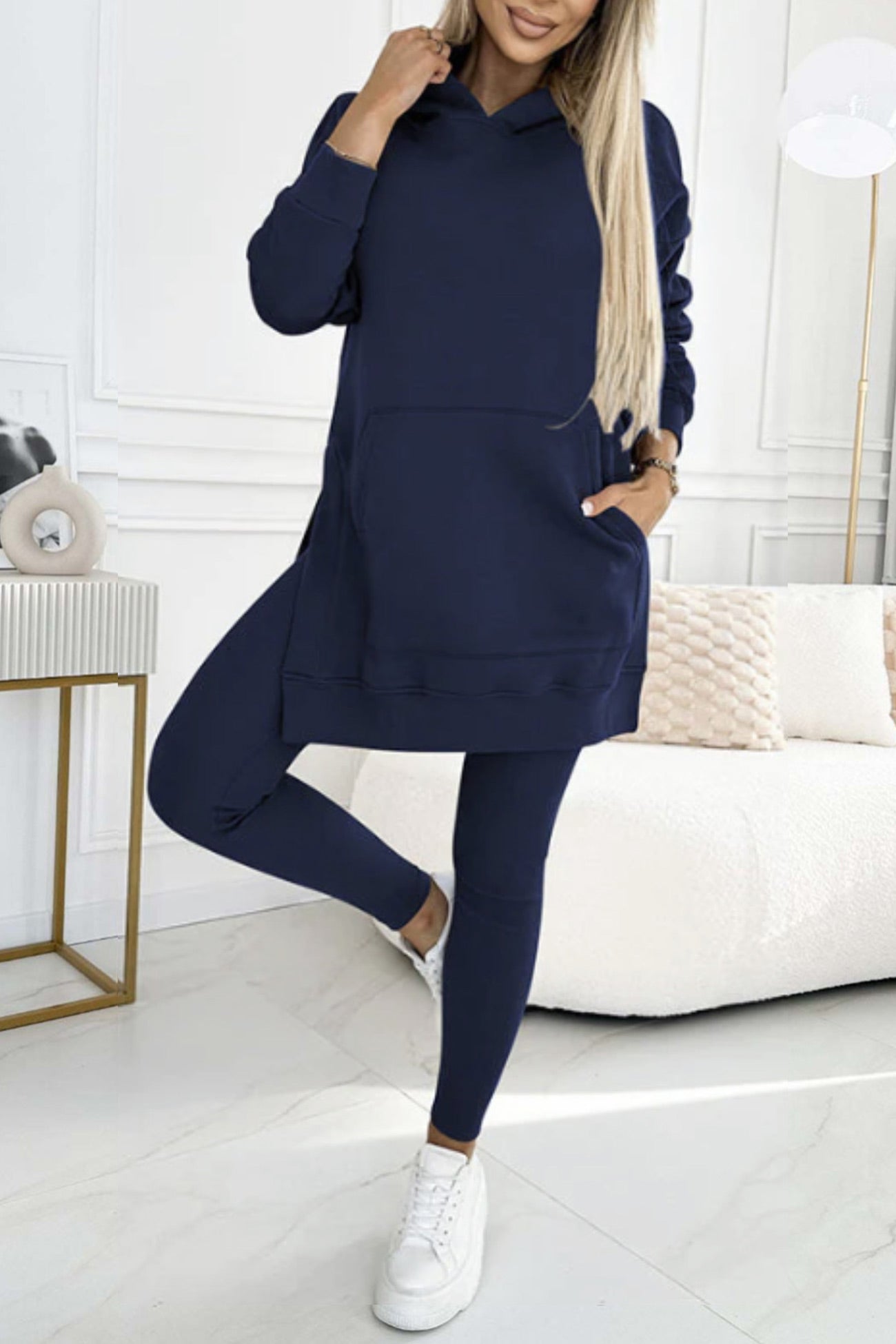 Damen Midikleid mit Schlitz und Kapuze 12