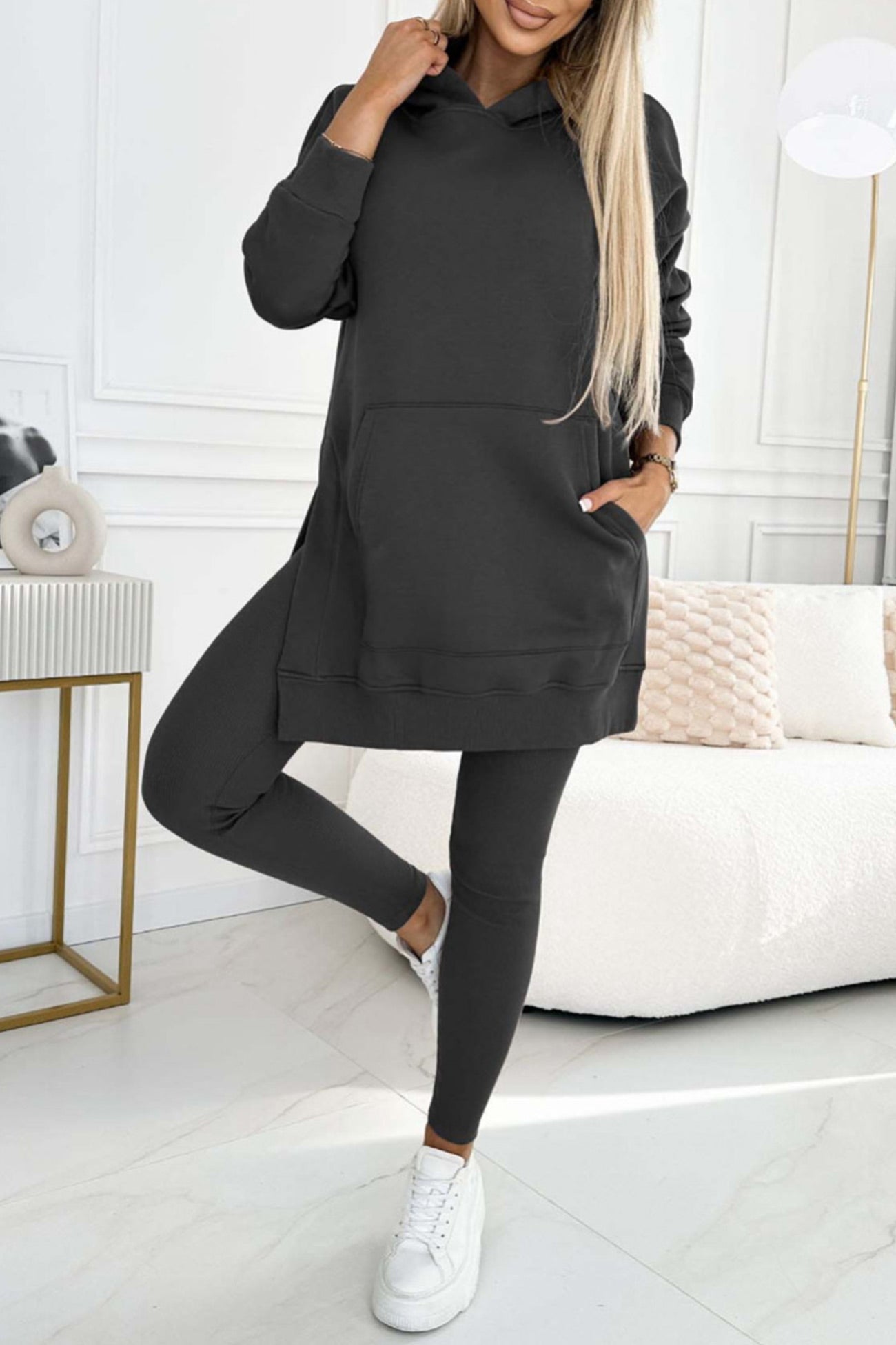 Damen Midikleid mit Schlitz und Kapuze 9