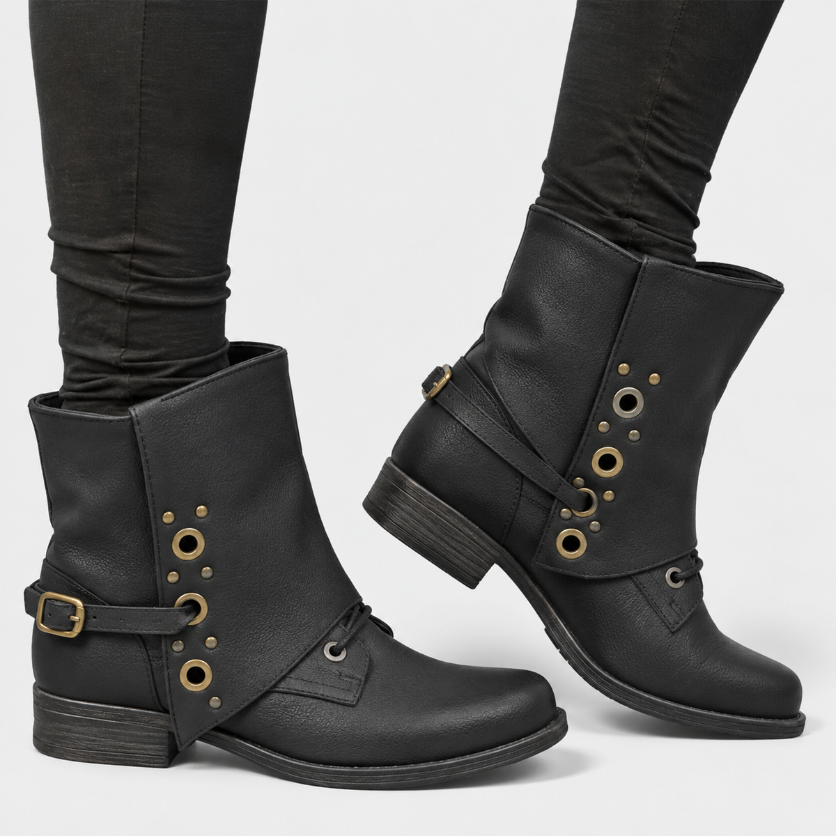 Damen Stiefeletten mit Schnürung und Seitenschnallen aus PU