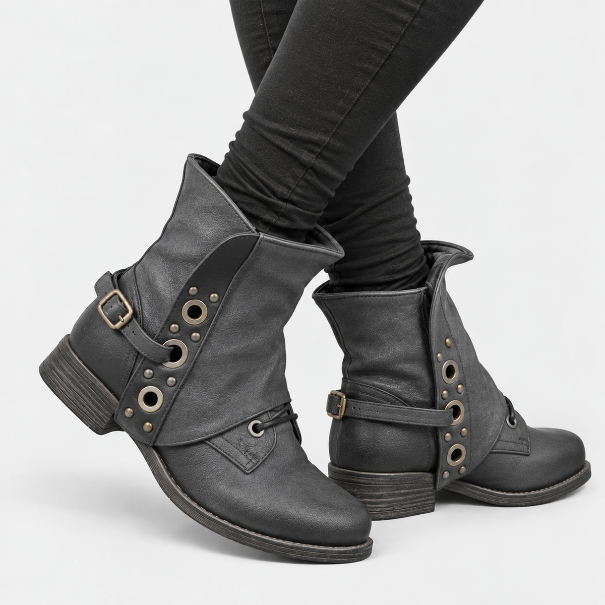 Damen Stiefeletten mit Schnürung und Seitenschnallen aus PU