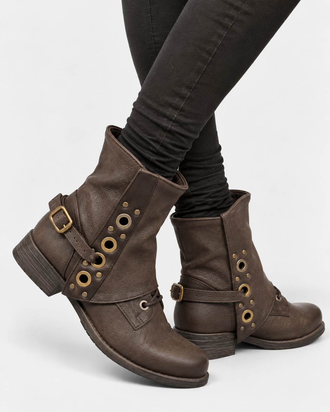 Damen Stiefeletten mit Schnürung und Seitenschnallen aus PU