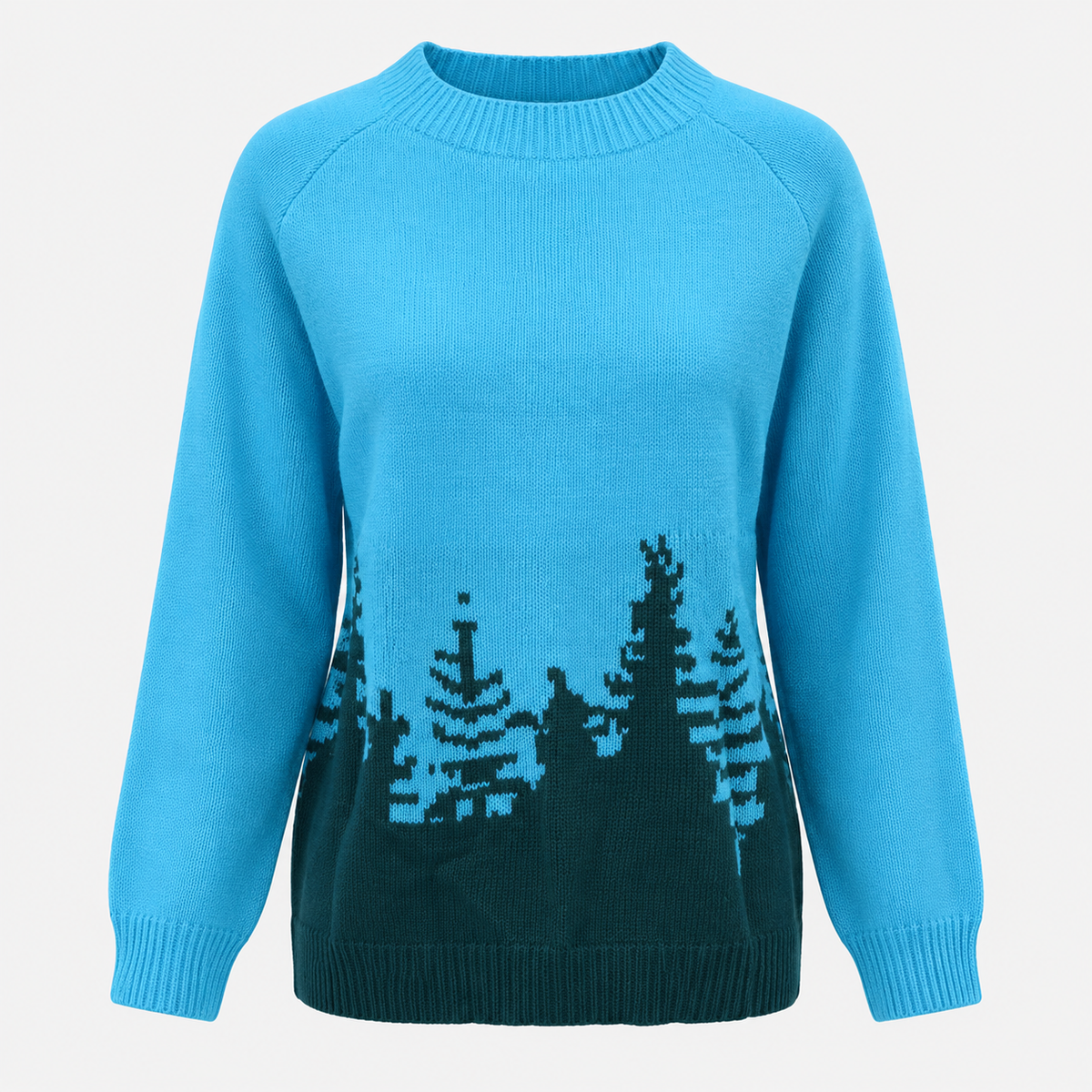 Dame-striktrøje i polyester med rund hals og skovmotiv