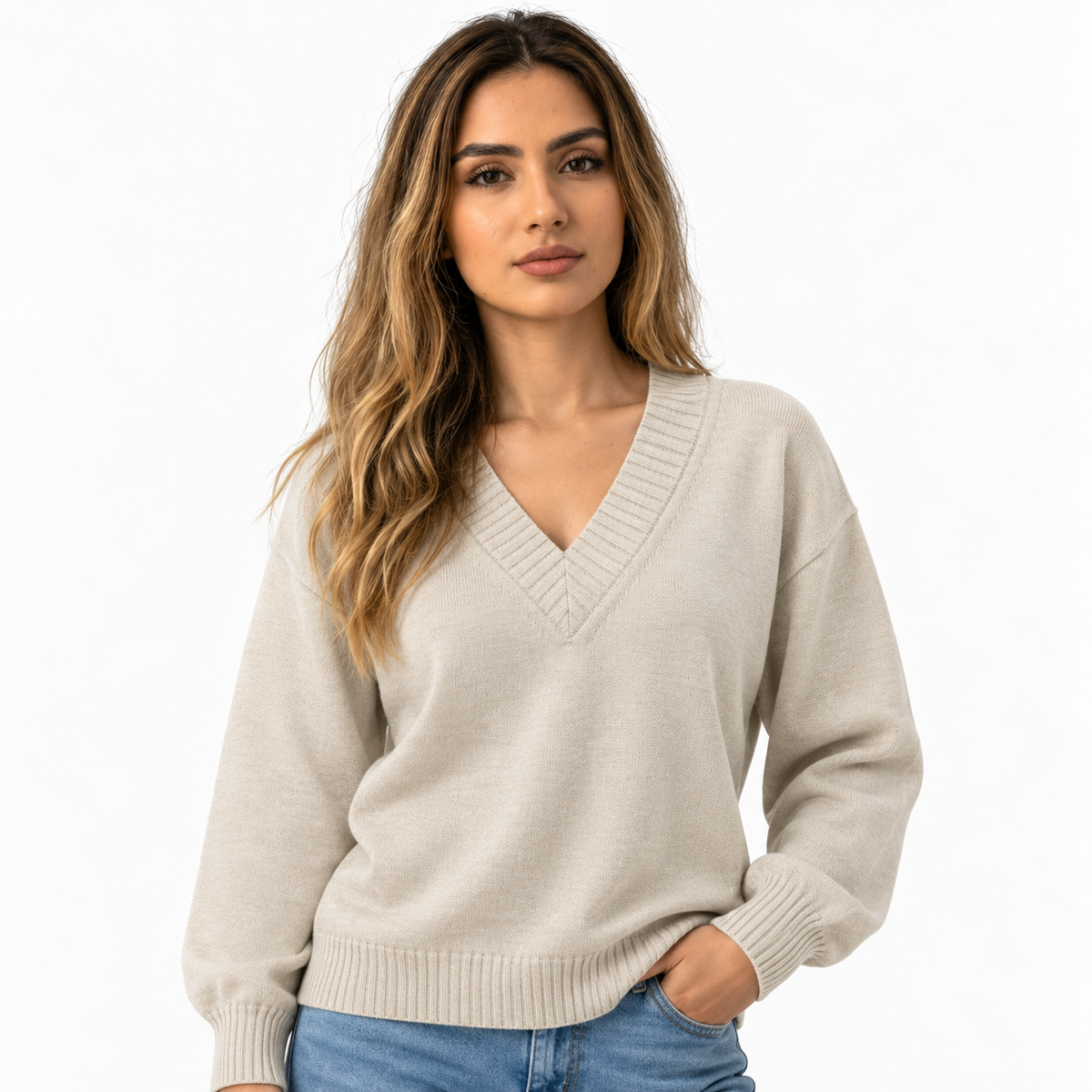 Damen Strickpullover mit V-Ausschnitt und langen Ärmeln