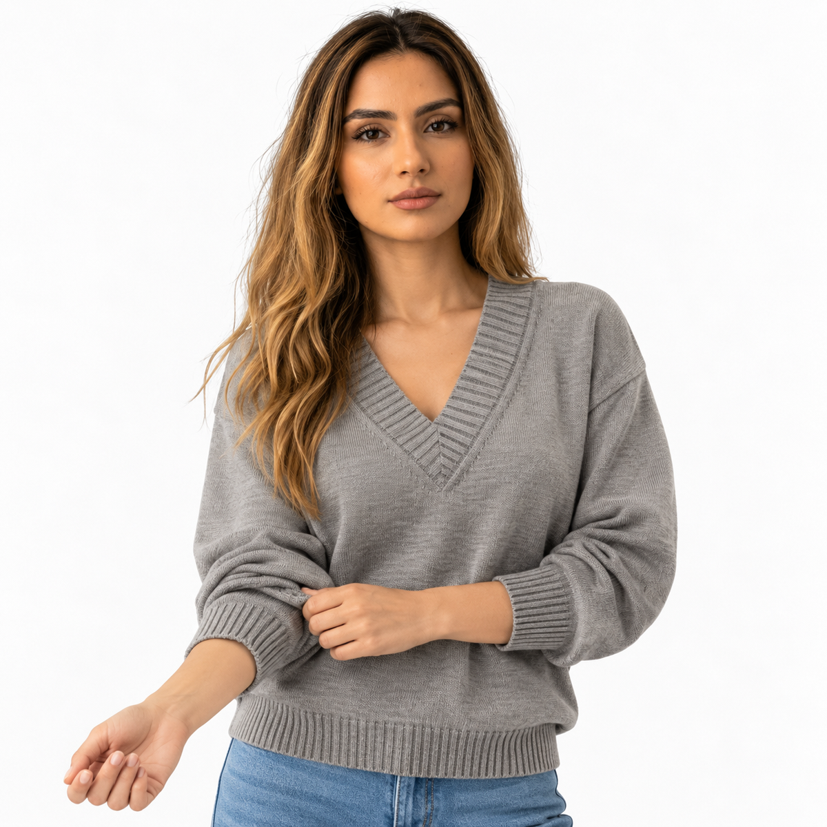 Damen Strickpullover mit V-Ausschnitt und langen Ärmeln