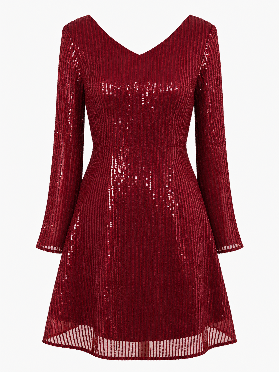 Damenkleid aus Polyester mit V-Ausschnitt, langen Ärmeln und Glitzerdetails