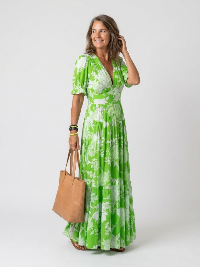 Ione | Kurzarm-Midikleid mit Blumenmuster und V-Ausschnitt