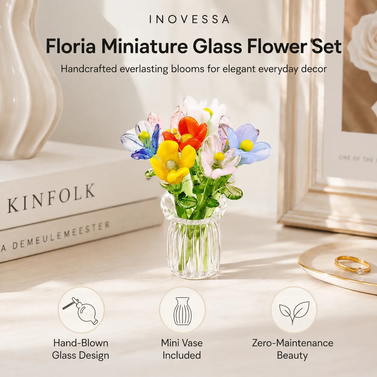 Floria Miniature Glass Flower Set with colorful flowers in a clear vase on a table.