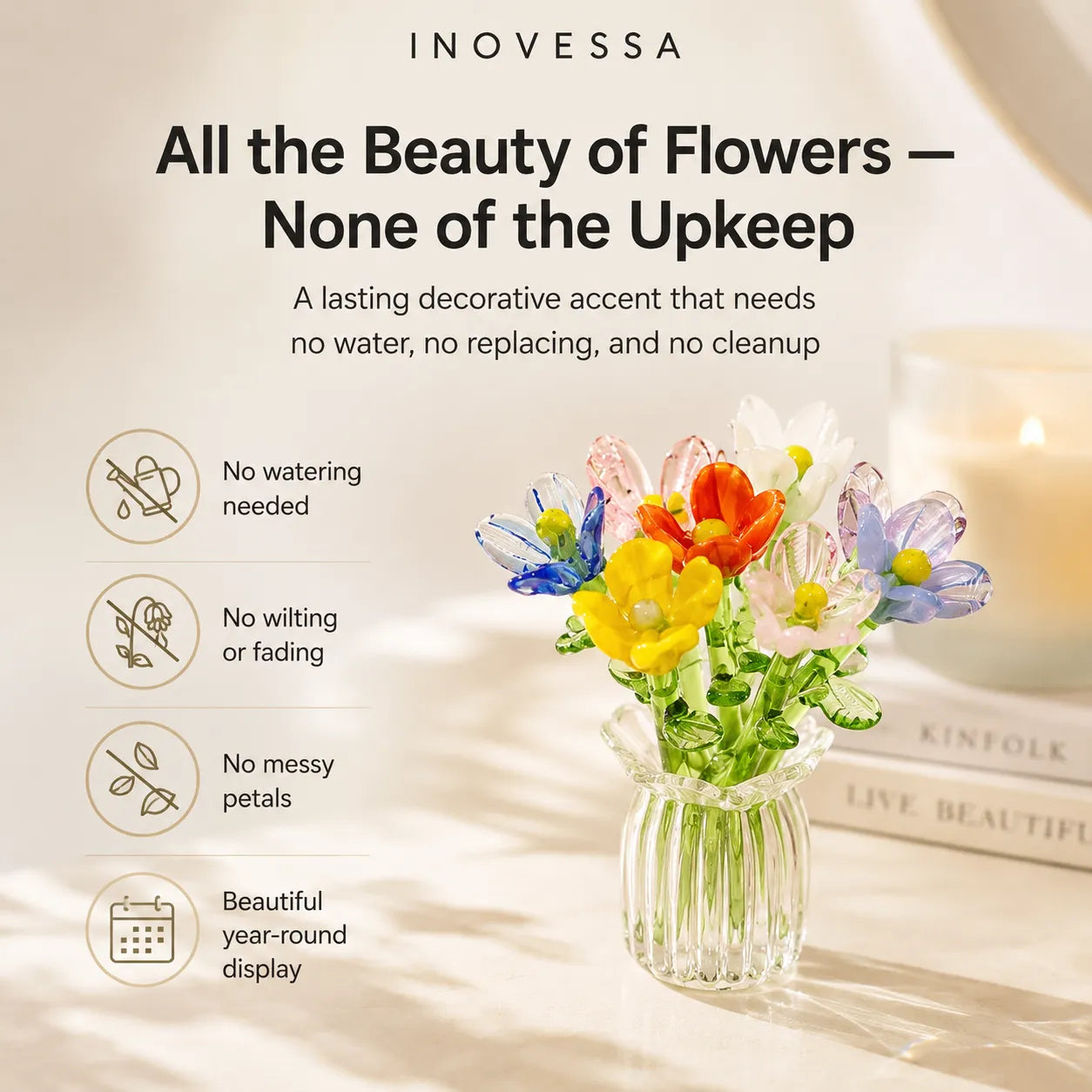 Decorative flowers in a vase with branding and product features listed.