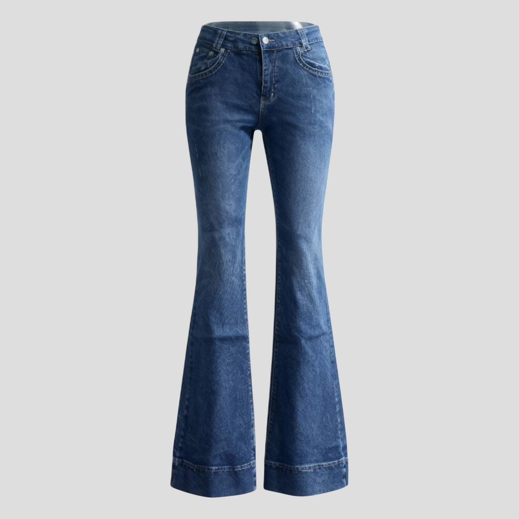 bottoni jeans vita alta zampa di elefante Jeans a zampa di elefante a vita alta con elegante doppio polsino con  bottoni