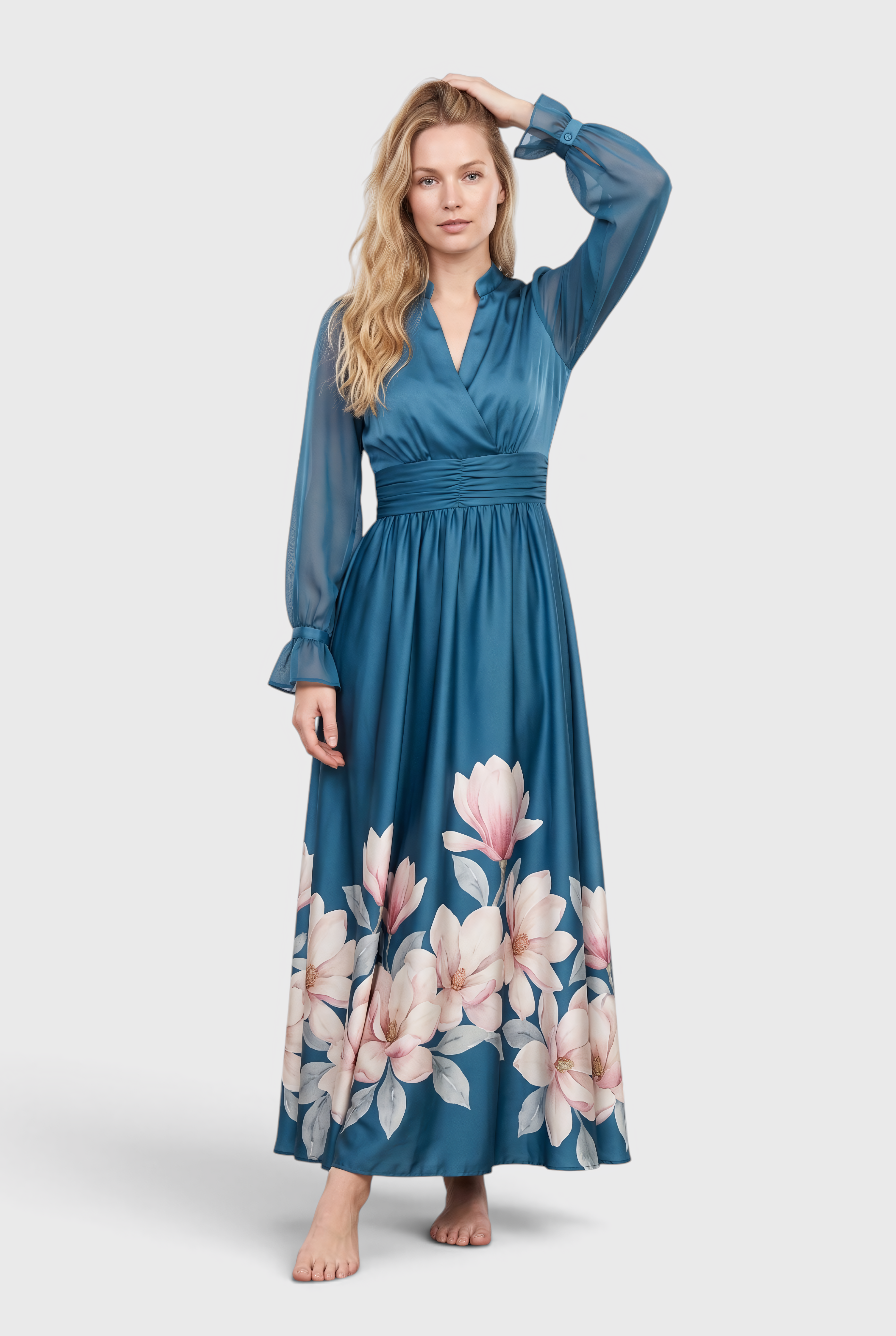 Ziva | Maxi Dress with Pleated, Sheer Sleeves