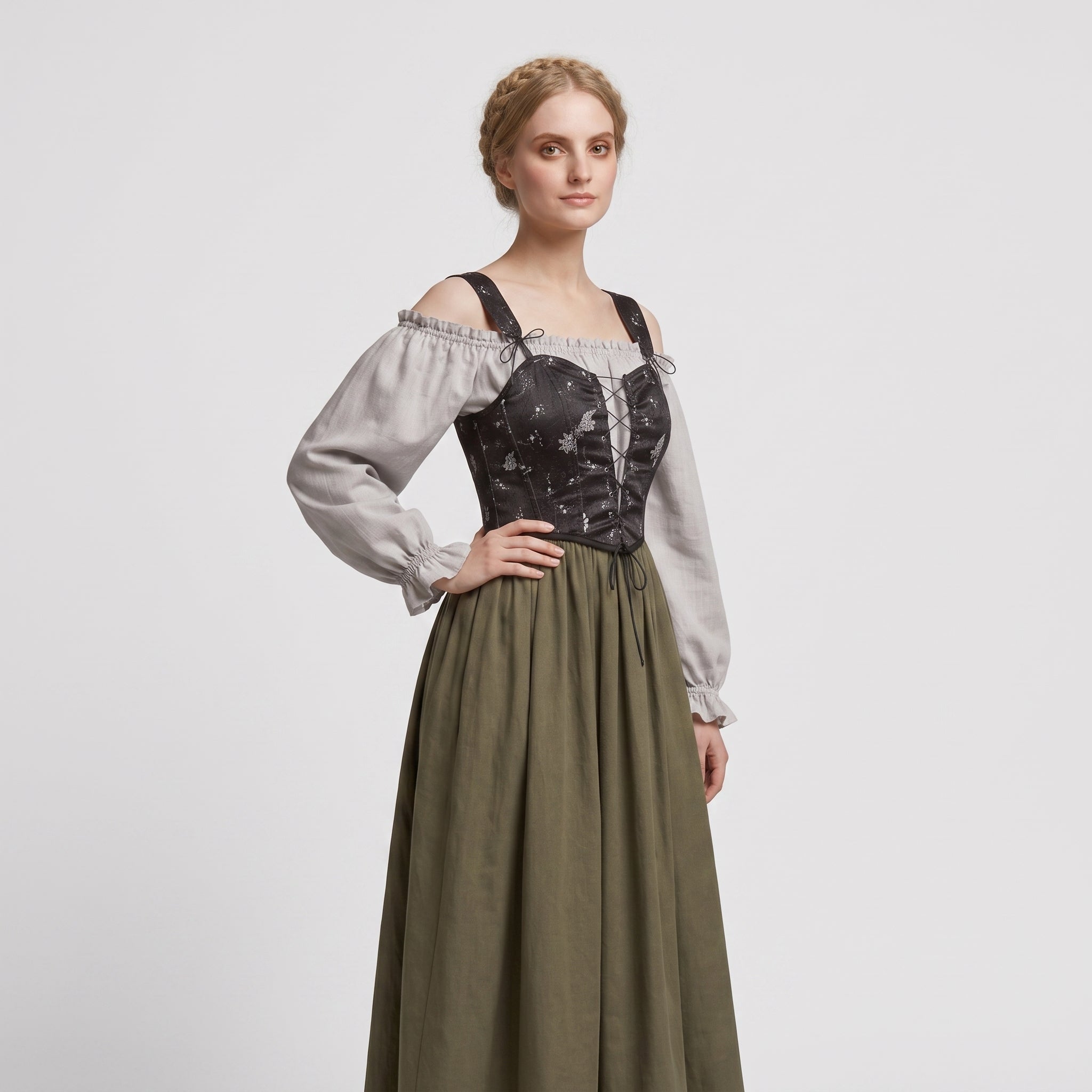 Gifts – Seasonal – Oktoberfest : Trachtenjurk Dames Grijs - Romantische Stijl, Pofmouwen in