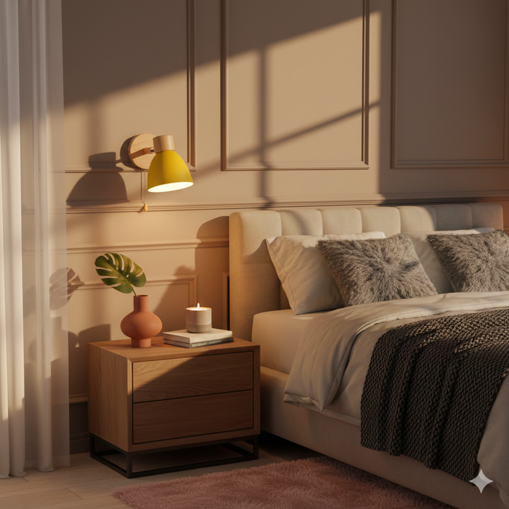 Moderne Wandleuchte mit angewinkeltem Arm, Holz, konischem Schirm