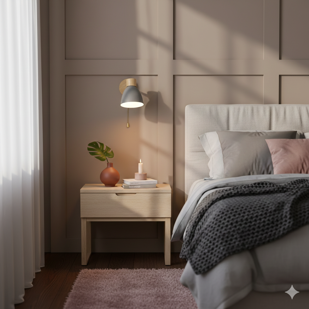 Moderne Wandleuchte mit angewinkeltem Arm, Holz, konischem Schirm