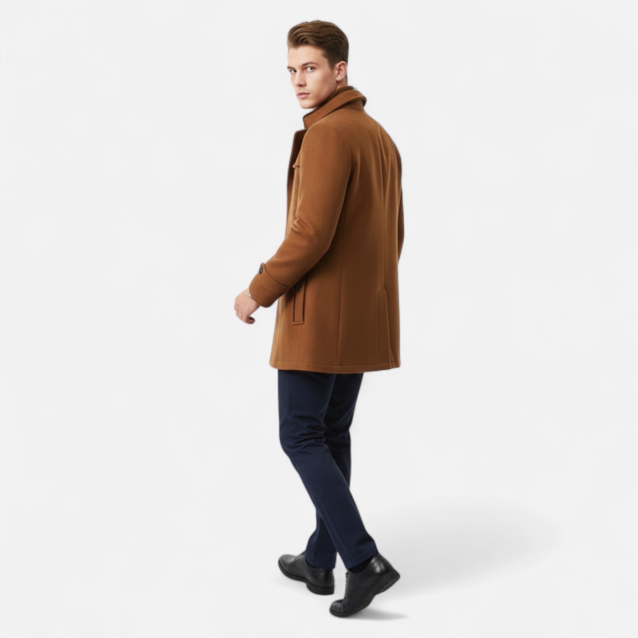 Eleganter Herren Trenchcoat aus Wolle mit Doppelkragen & Reißverschluss