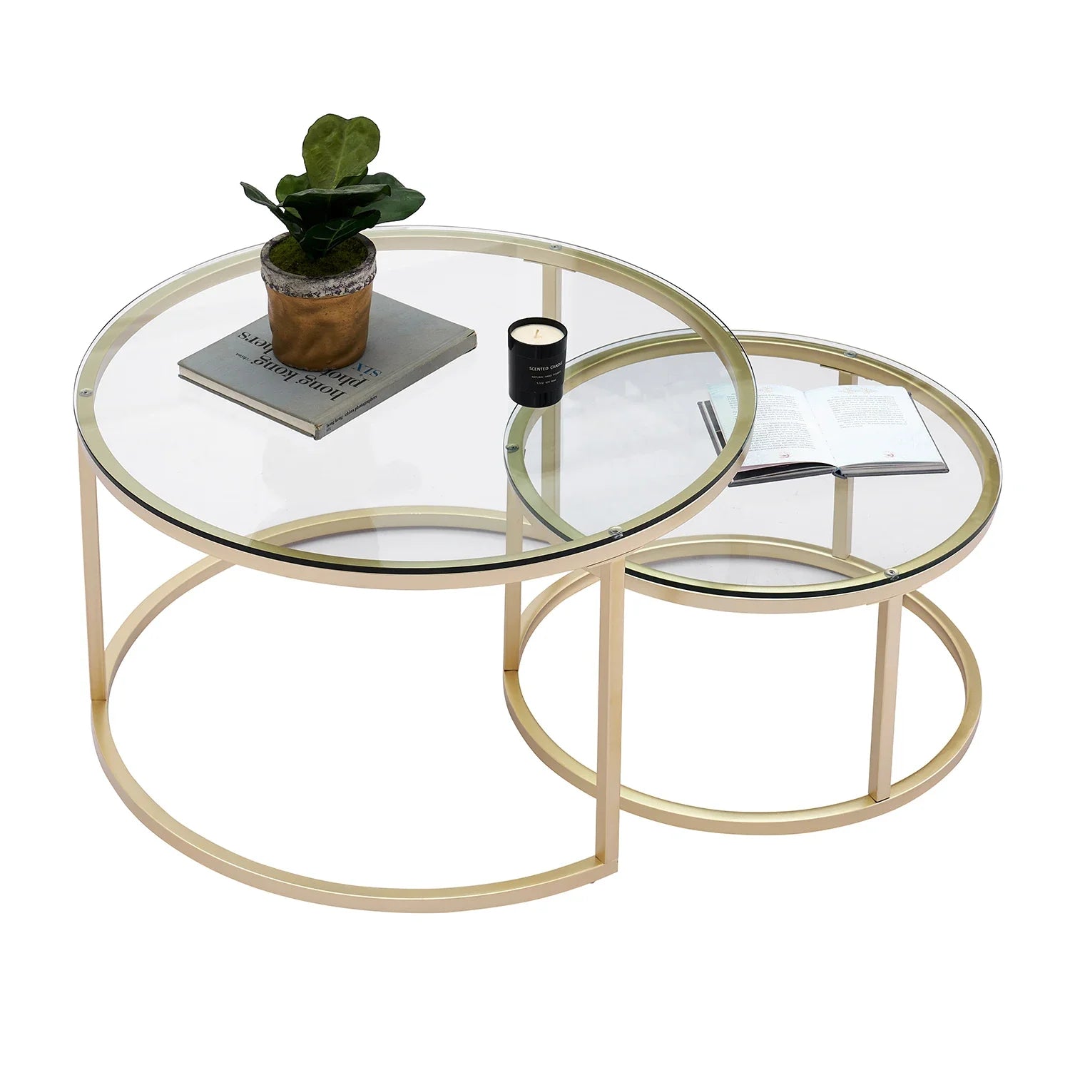 Caelanis - Stilvolle 2-in-1 Runde Couchtisch mit robustem Eisenrahmen und Glasplatte