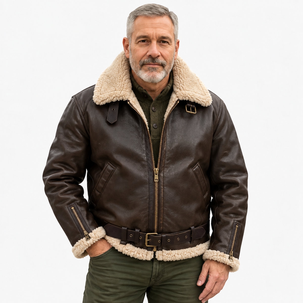 Herrenjacke aus Polyester mit Teddykragen, Reißverschluss und Gürtel