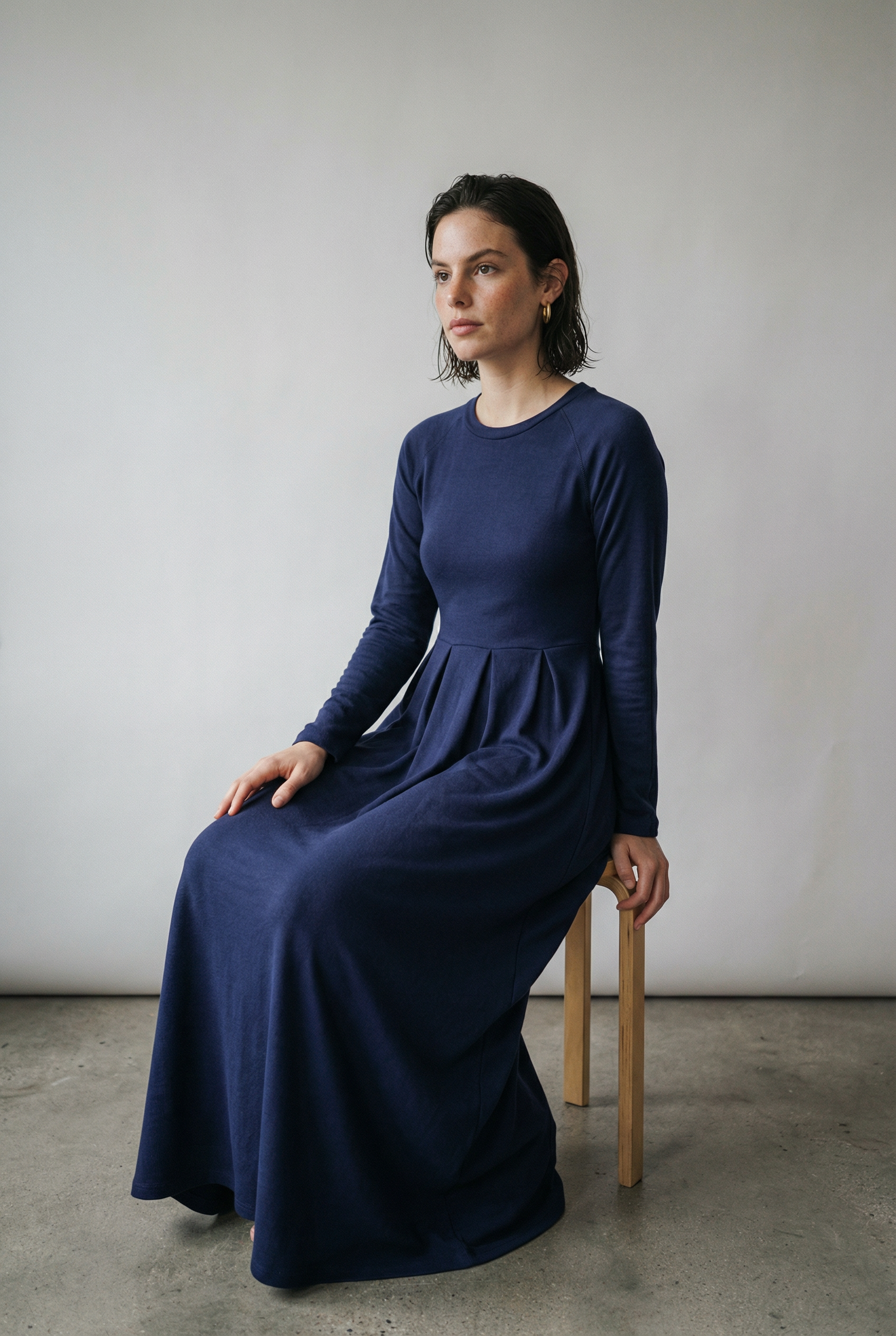 Damen Maxi-Kleid langarm – unifarben, A-Linie, aus Polyester