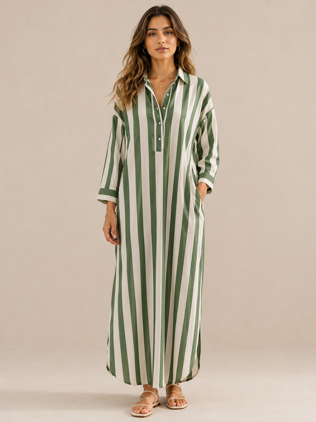 Lässiges gestreiftes Shirt Boho-Stil Maxi-Kleid