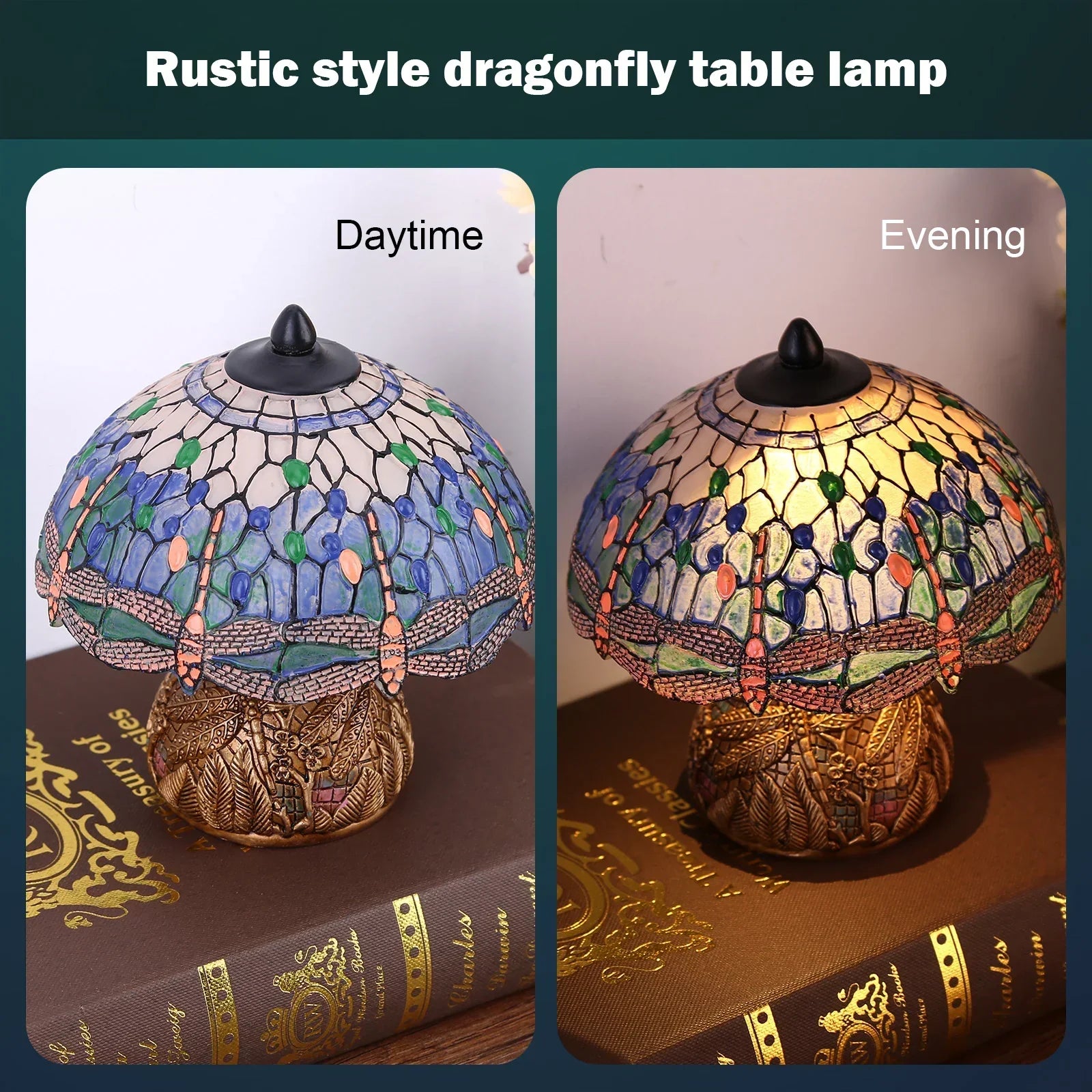 Elegante Lampen aus getöntem Glas mit Kathedrale aus Libellen im Inneren