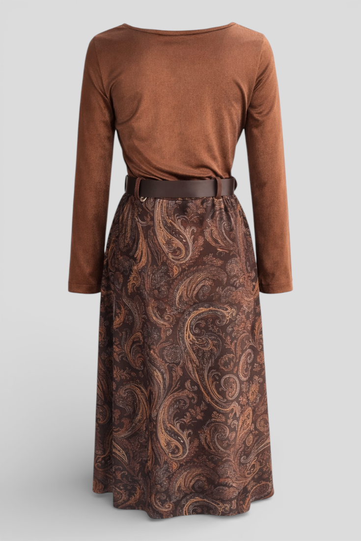 Vintage-Ensemble: Top in Samt-Optik & Paisley-Maxirock mit Gürtel