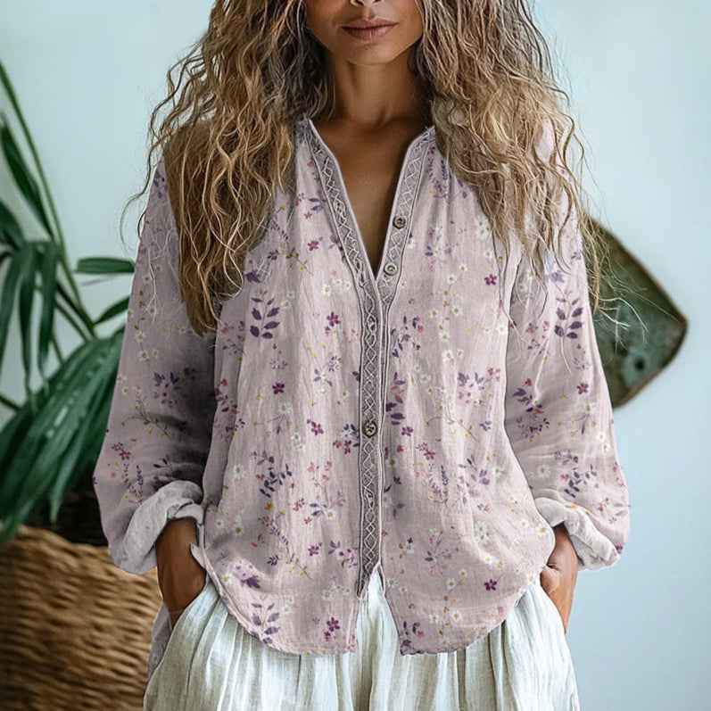 Leinenbluse Damen Boho mit Blumenprint und V-Ausschnitt