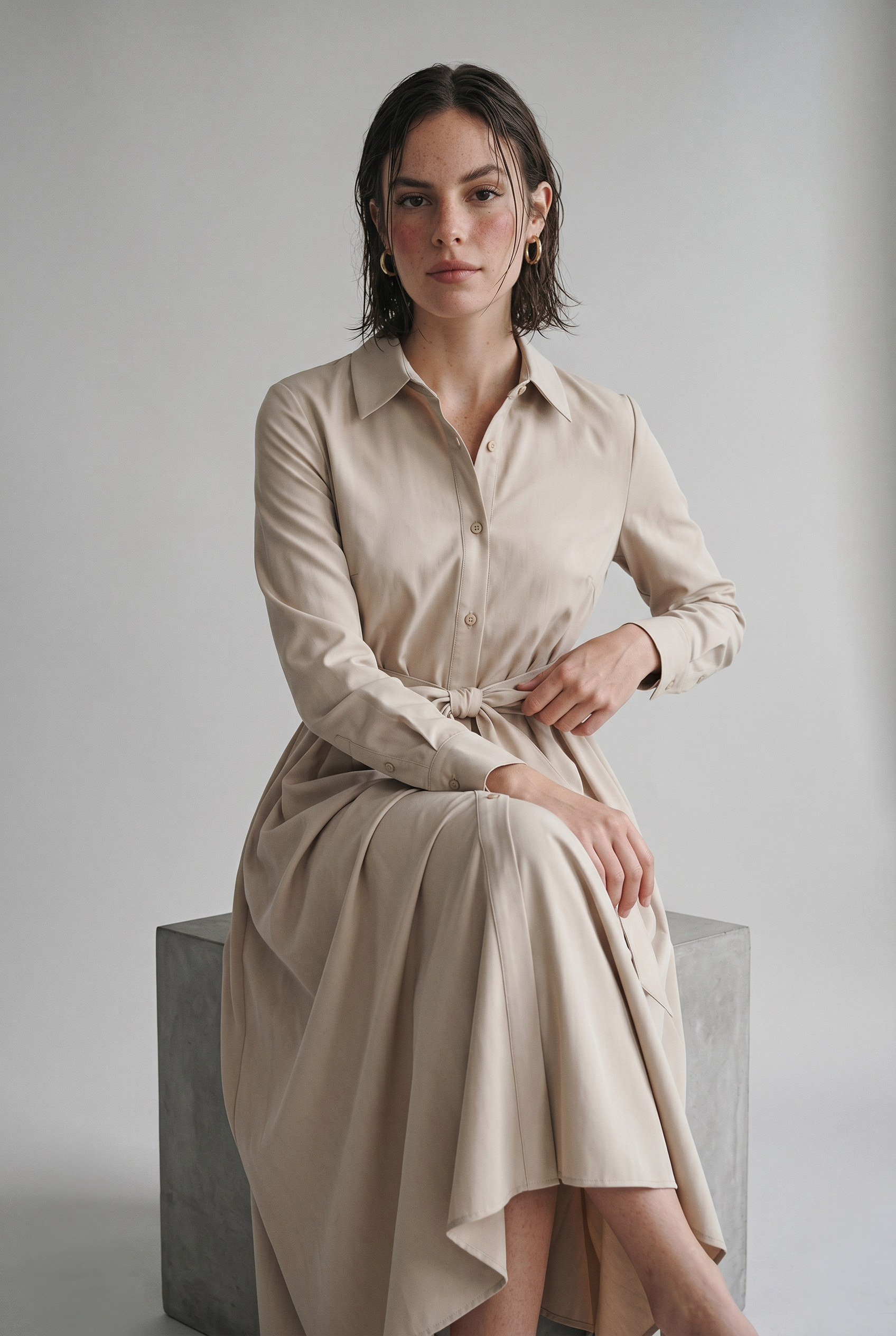 Elegantes Maxi-Kleid mit Langärmeln und Hemdkragen Damen