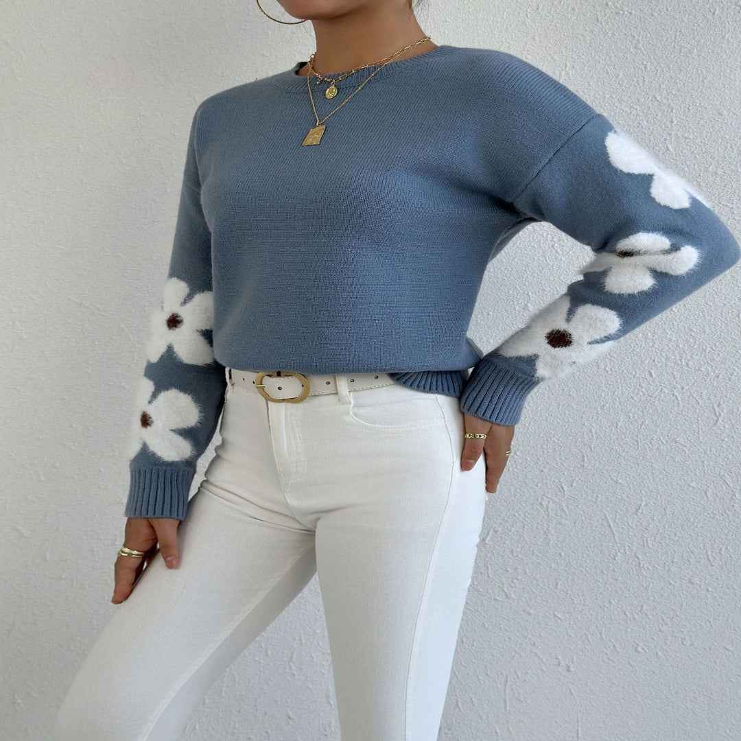 ZOEY™ Blumenmuster-Rundhals-Strickpullover für Herbst und Winter