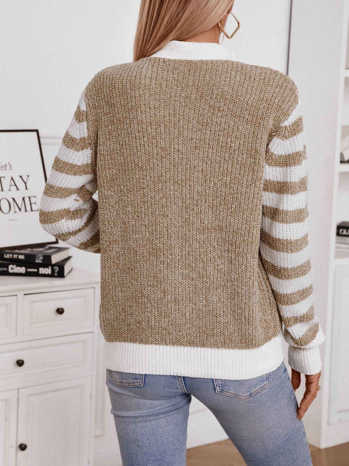 Damen Strickcardigan mit Streifen und Knöpfen – Langarm, Casual-Stil